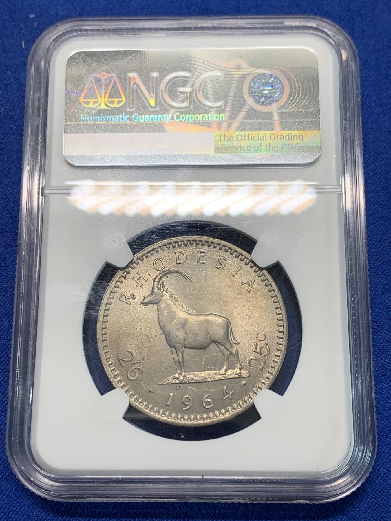 《竞宝斋》第240场-周日，周一 年终尾场 (全场包邮) NGC-MS64 罗德西亚1964年2.5先令镍币，经典羚羊造型 转光好