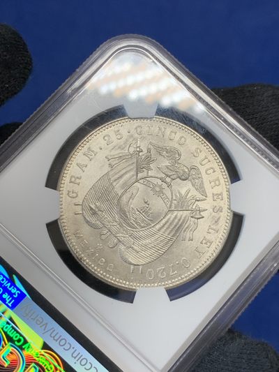 《竞宝斋》第239场-周日，周一 年终拍场 (全场包邮) NGC-MS62 1944年厄瓜多尔5苏克雷银币，墨西哥铸造。原汁原味老包浆，包浆醇厚，打制精美，车轮十字光，略为低评，状态和品质秒杀大部分MS63。