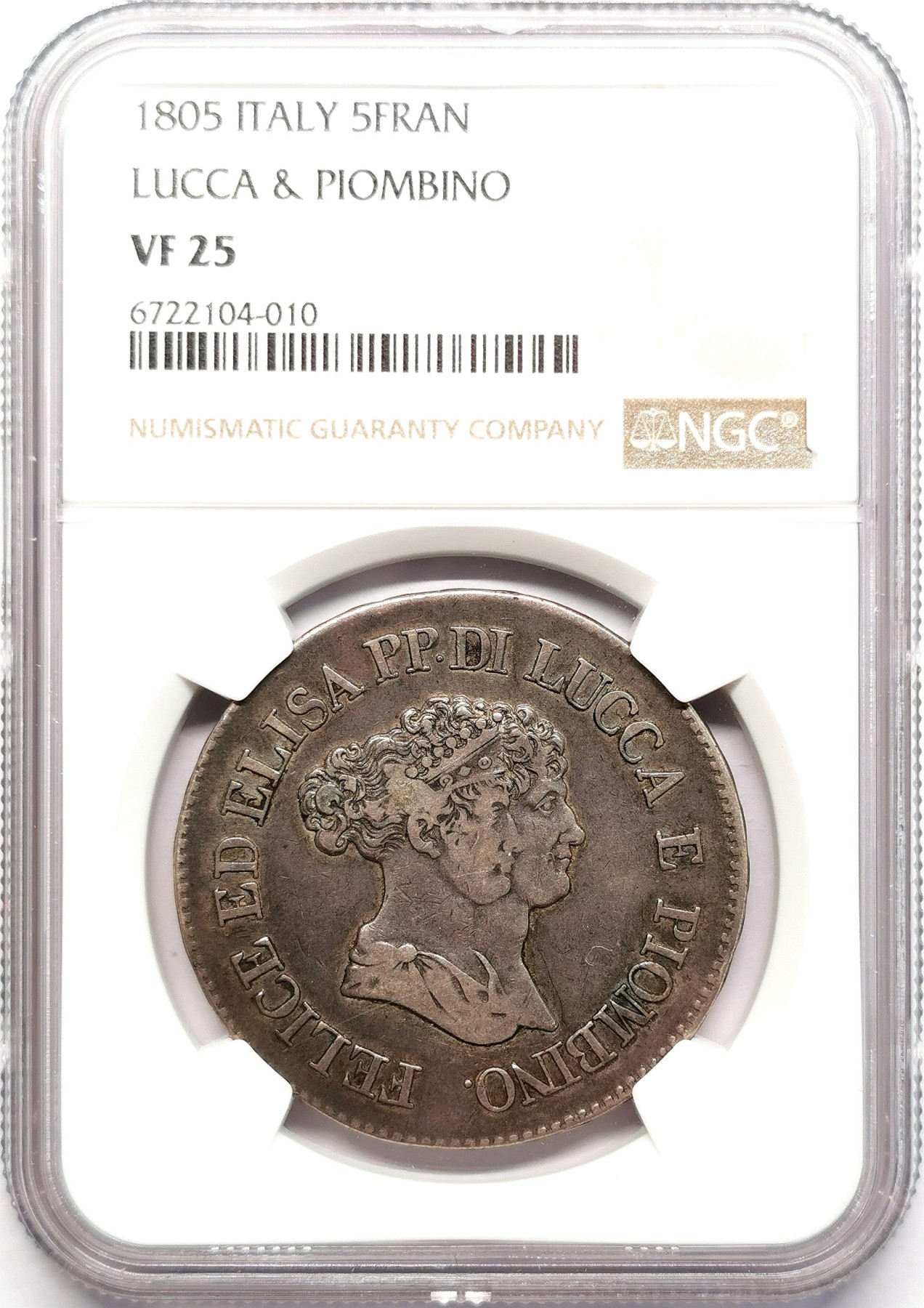 凡希社世界钱币微拍第二百六十期 1805意大利卢卡公国5法郎大银NGC-VF25