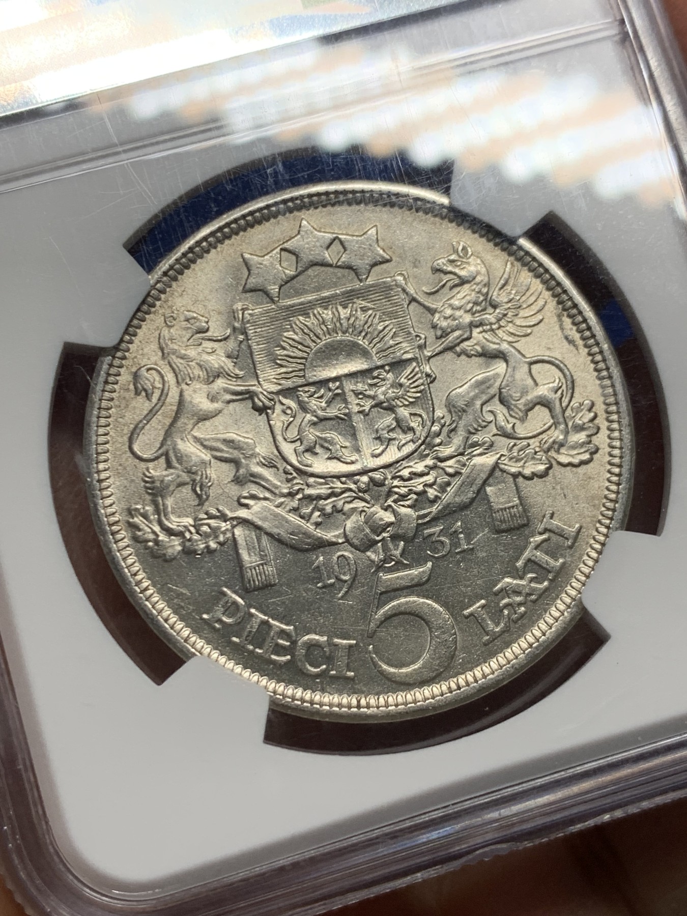 《竞宝斋》第240场-周日，周一 年终尾场 (全场包邮) NGC-MS62 拉脱维亚 1931年 5拉脱银币 转光强烈