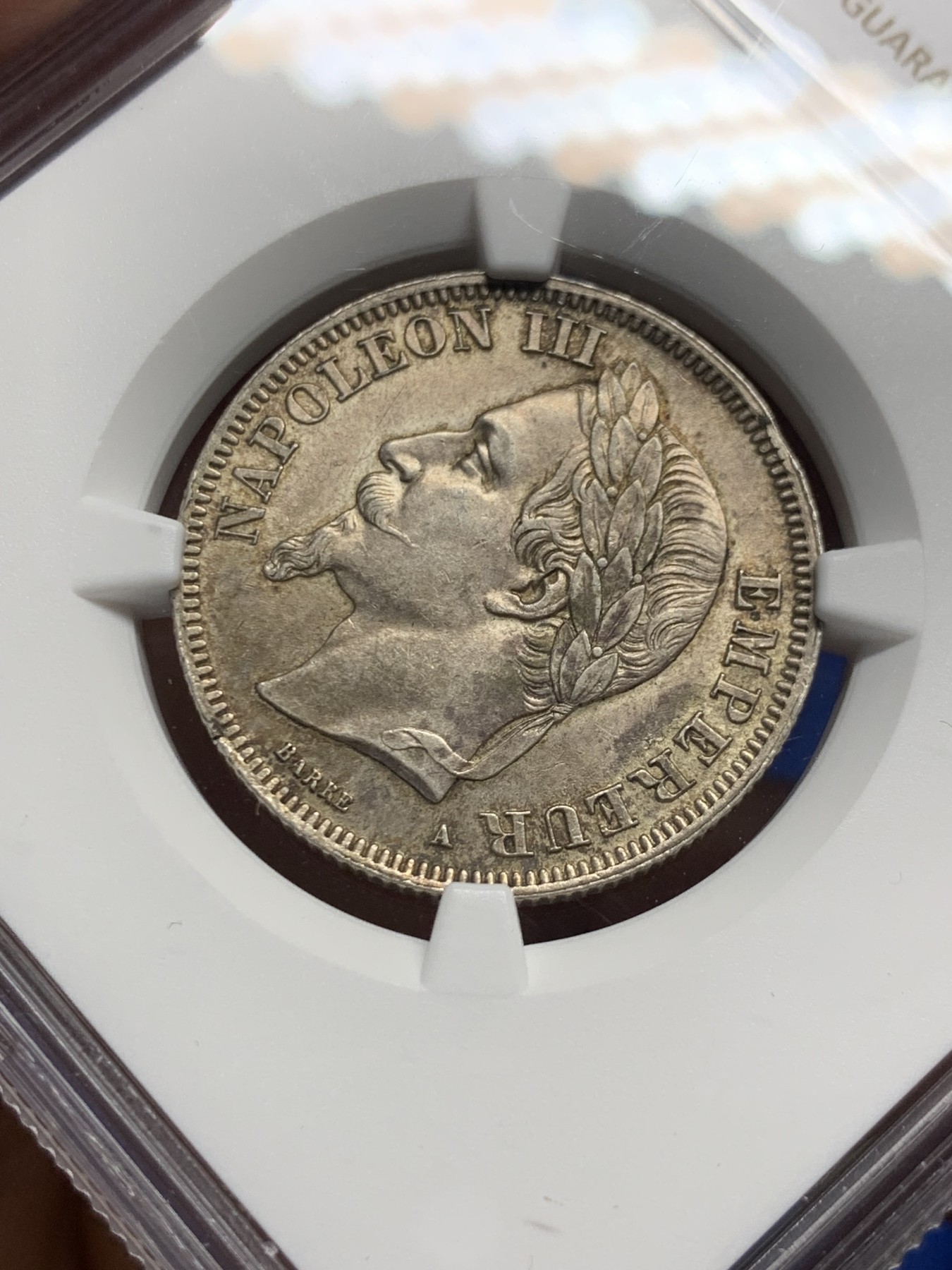 《竞宝斋》第240场-周日，周一 年终尾场 (全场包邮) NGC MS61 1866年A版法国拿破仑三世2法郎银币 少见面值 很难有ms品 比5法郎少很多