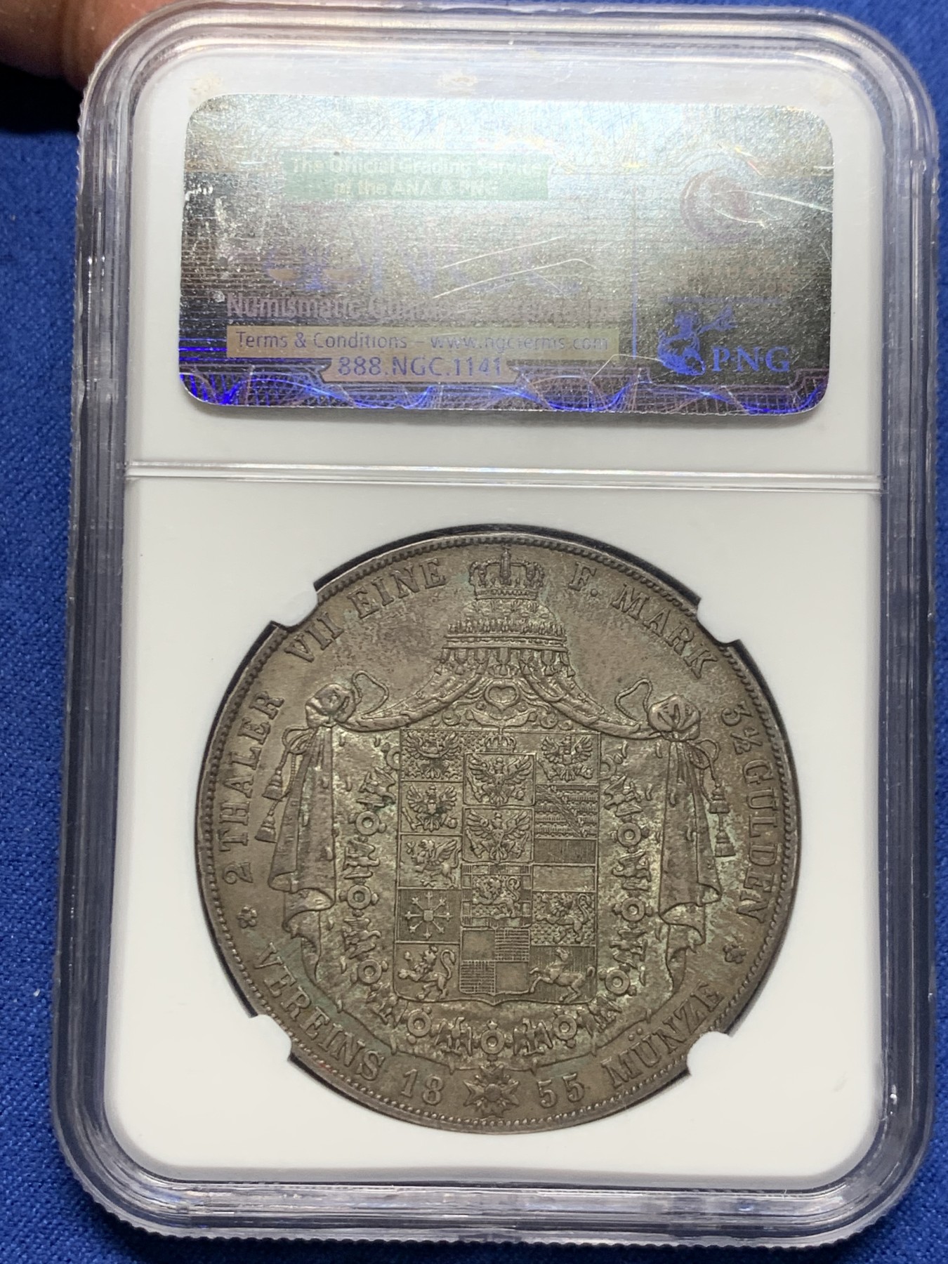 《竞宝斋》第240场-周日，周一 年终尾场 (全场包邮) NGC MS63 德国1855普鲁士 洋葱头 2泰勒大窗帘银币 老盒封装双面深彩 均匀的灰绿包浆 难得状态