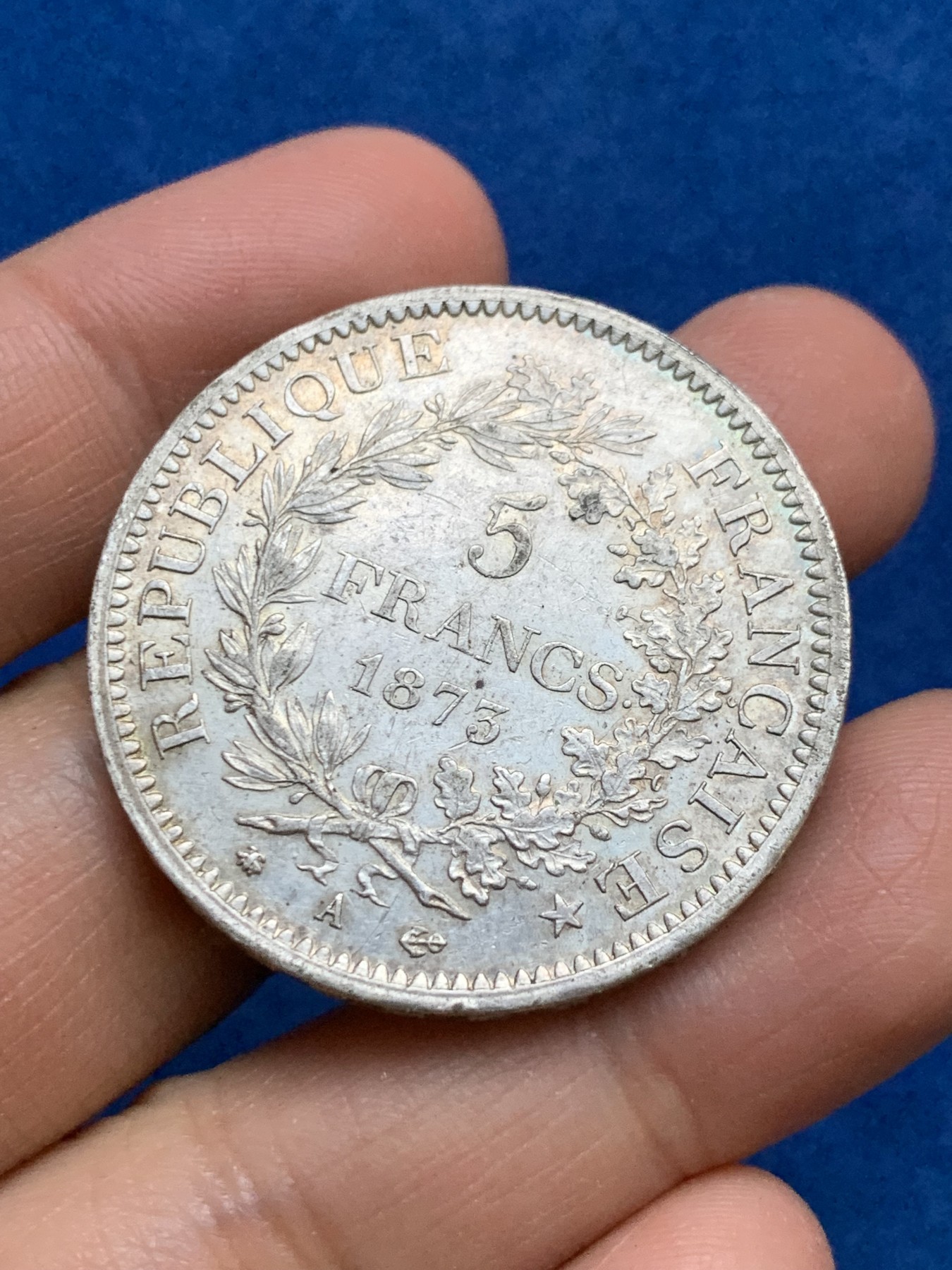 《竞宝斋》第240场-周日，周一 年终尾场 (全场包邮) 法国1873大力神5法郎银币 原味包浆 细节好