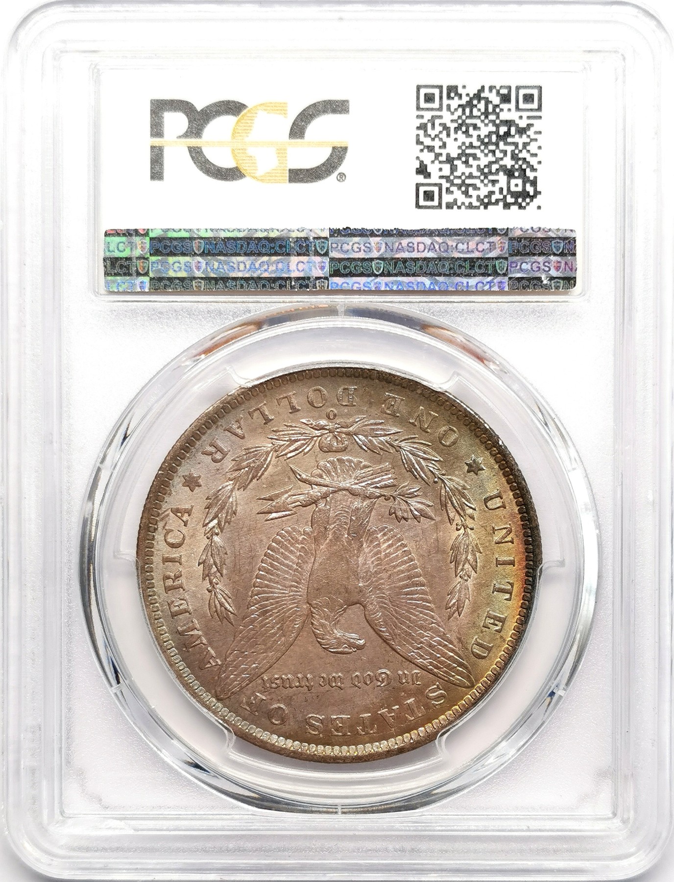 凡希社世界钱币微拍第二百六十期 （lot86-114是藏家出品摩根集藏一组，每一枚都拥有独一无二的五彩包浆，实物上手惊艳，大家不要错过机会）1885O美国摩根壹元大银PCGS-MS64 双面彩虹包浆！