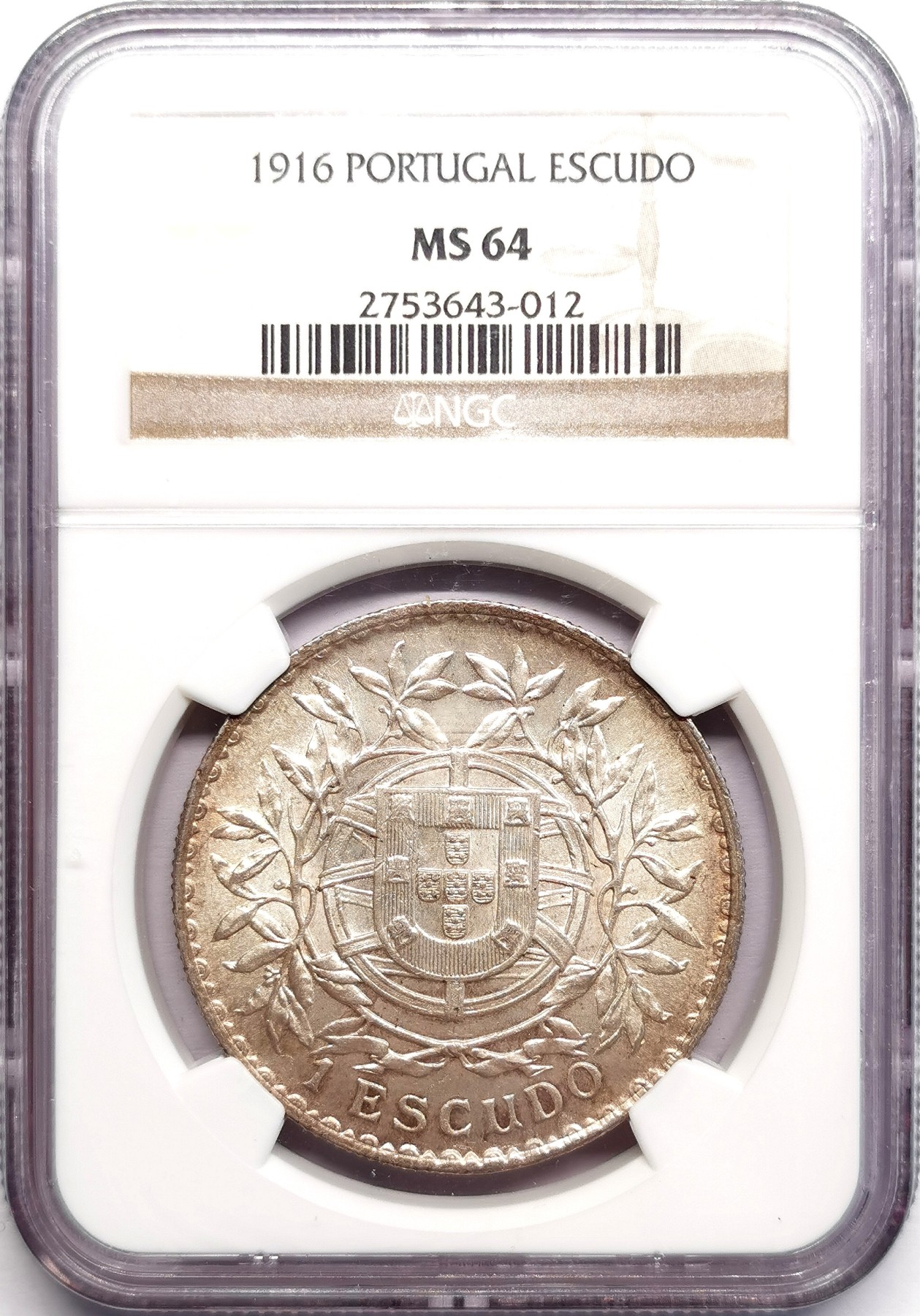 凡希社世界钱币微拍第二百六十期 1916葡萄牙共和国escudo大银NGC-MS64