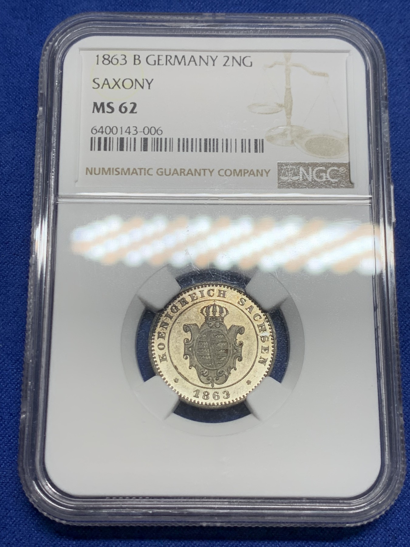 《竞宝斋》第240场-周日，周一 年终尾场 (全场包邮) NGC MS62 德国1863年萨克森2NG银币 PL底板 稀少品种 不容错过