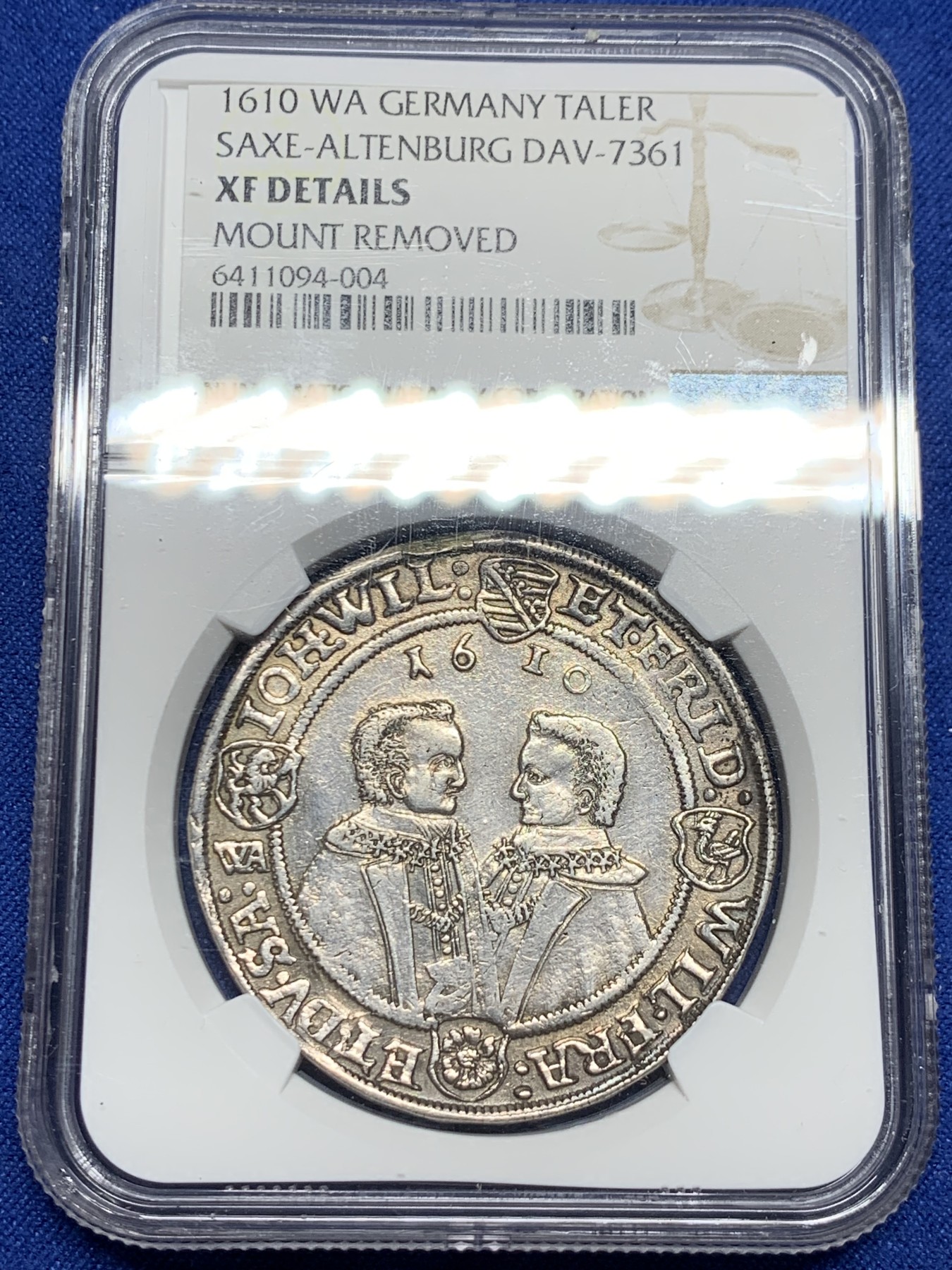 《竞宝斋》第240场-周日，周一 年终尾场 (全场包邮) NGC XFD 德国1610年萨克森兄弟泰勒银币 非常好的状态 可惜边缘有焊过
