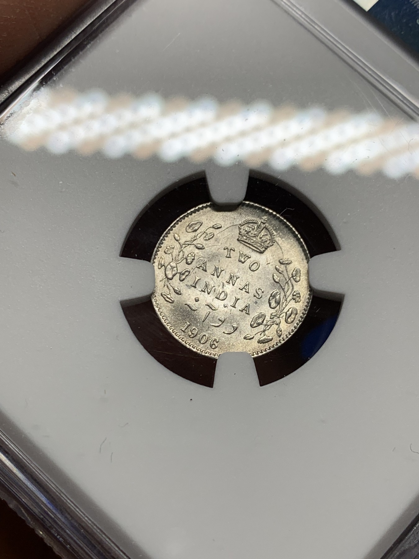 《竞宝斋》第240场-周日，周一 年终尾场 (全场包邮) NGC MS62 1906年C版 英属印度 爱七 2安娜 银币 原卷拆评级