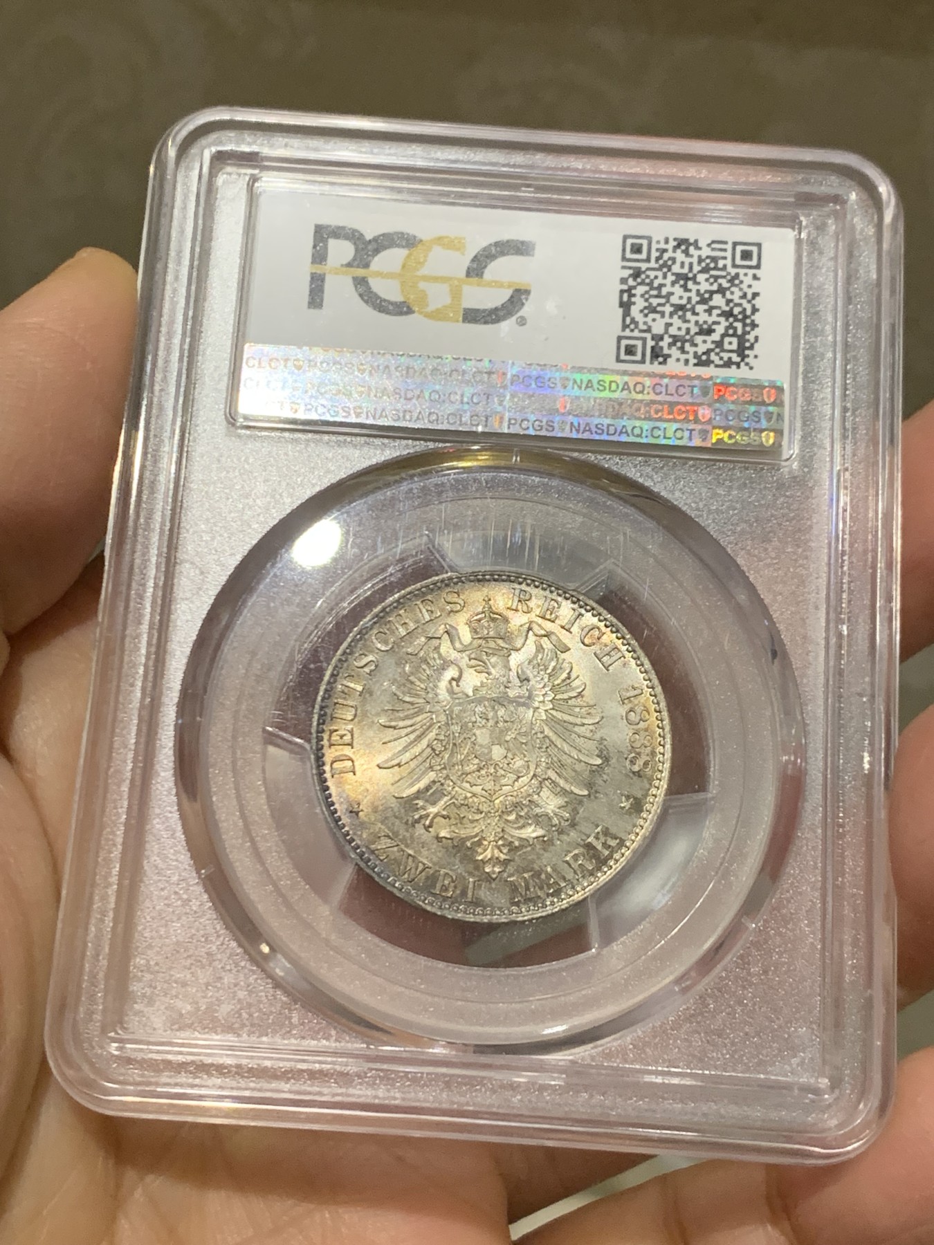 《竞宝斋》第240场-周日，周一 年终尾场 (全场包邮) PCGS-MS66+ 德国普鲁士1888三皇年弗里德里希三世短翅鹰2马克银币，高分难得，转光强烈。