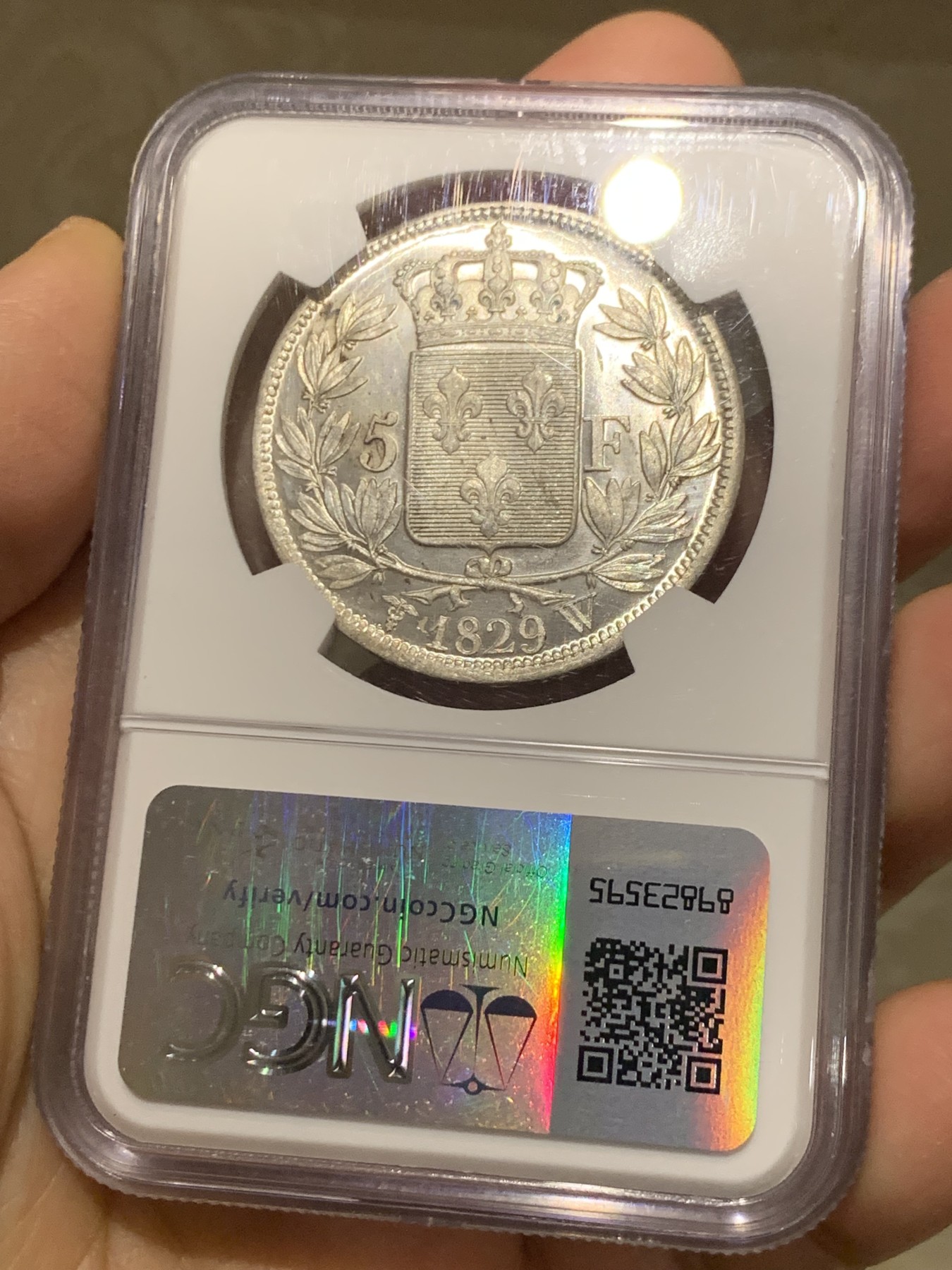 《竞宝斋》第240场-周日，周一 年终尾场 (全场包邮) NGC MS63 唯一亚军分 法国1829查理十世5法郎银币 W厂里尔铸造 原光好品未流通 十字转光凝霜感，深打制状态无敌，字口锋利