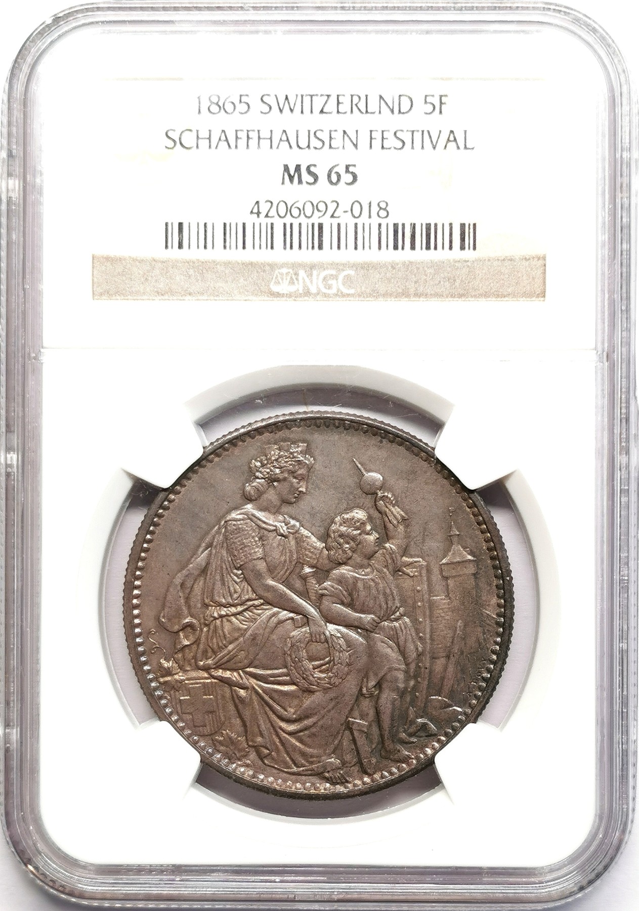 凡希社世界钱币微拍第二百六十期 1865瑞士沙夫豪森射击节5法郎大银NGC-MS65 双面酱彩高分顶级品相！！