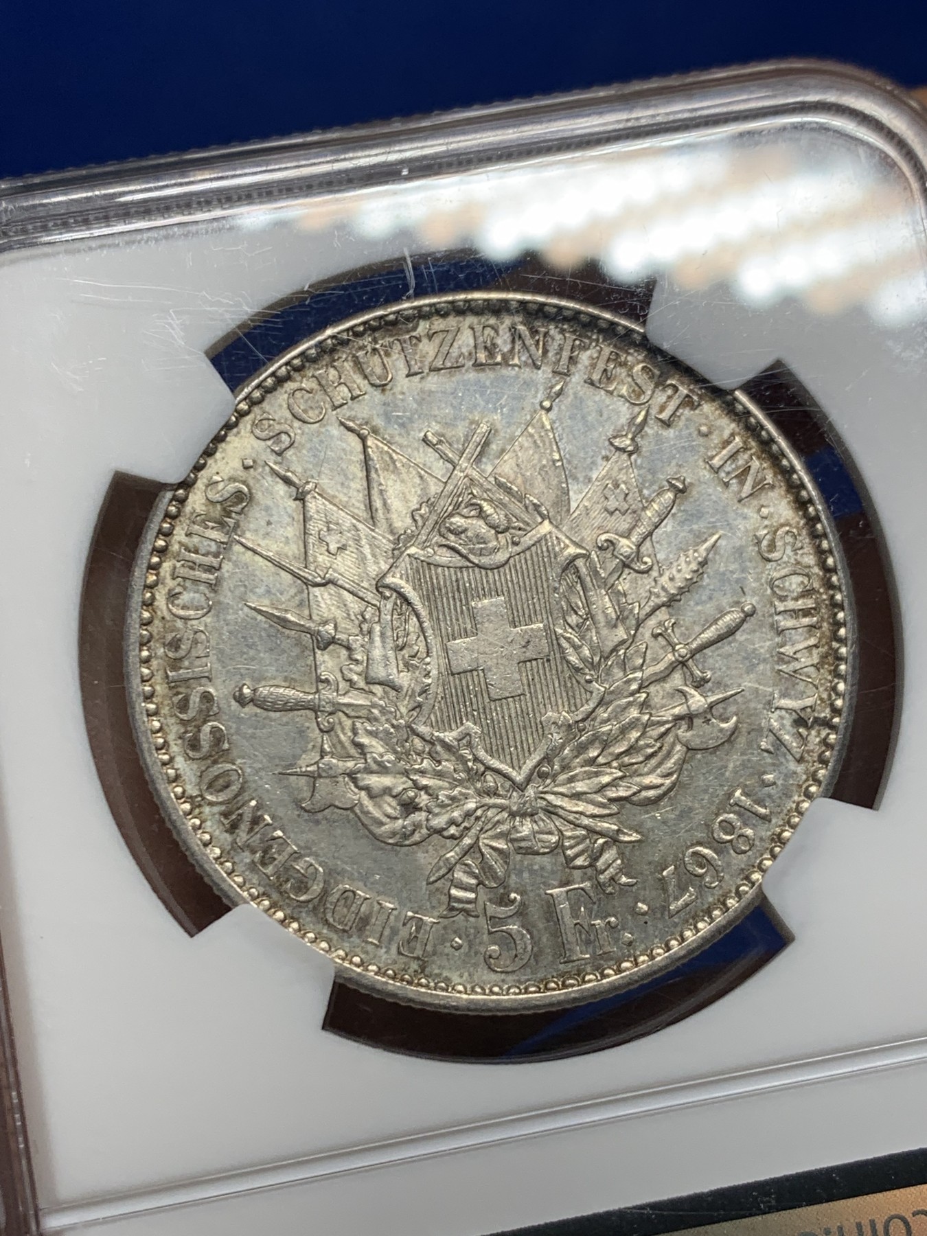 《竞宝斋》第240场-周日，周一 年终尾场 (全场包邮) NGC MS62 瑞士 1867 施维茨射击节 5法郎 银币 8000枚的发行量