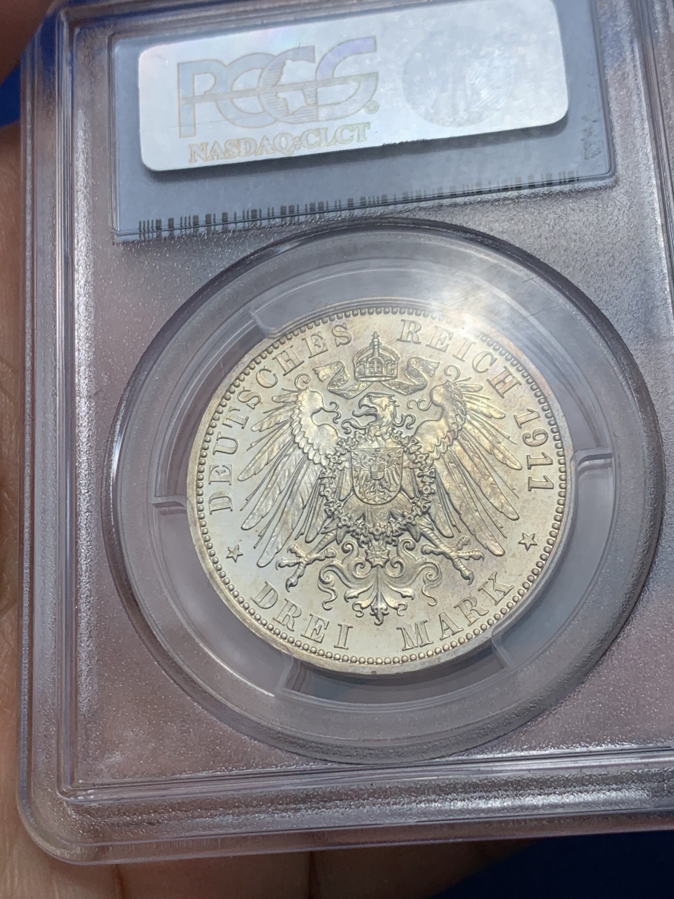 《竞宝斋》第240场-周日，周一 年终尾场 (全场包邮) PCGS-PR64CAM,德国1911年绍姆堡利普纪念3马克精制银币，金色包浆闪闪亮