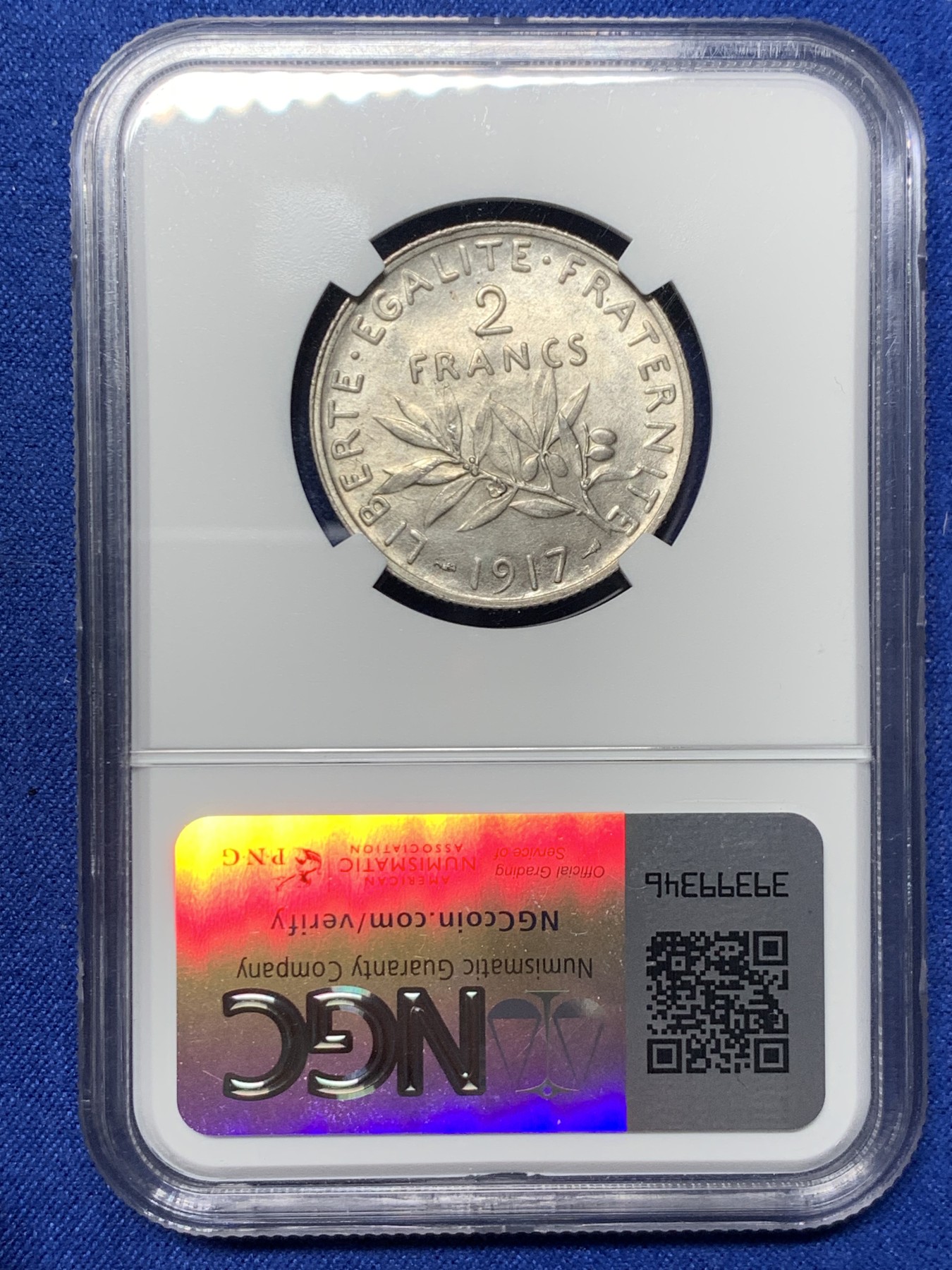 《竞宝斋》第240场-周日，周一 年终尾场 (全场包邮) NGC-MS61 法国1917年播种女神2法郎银币