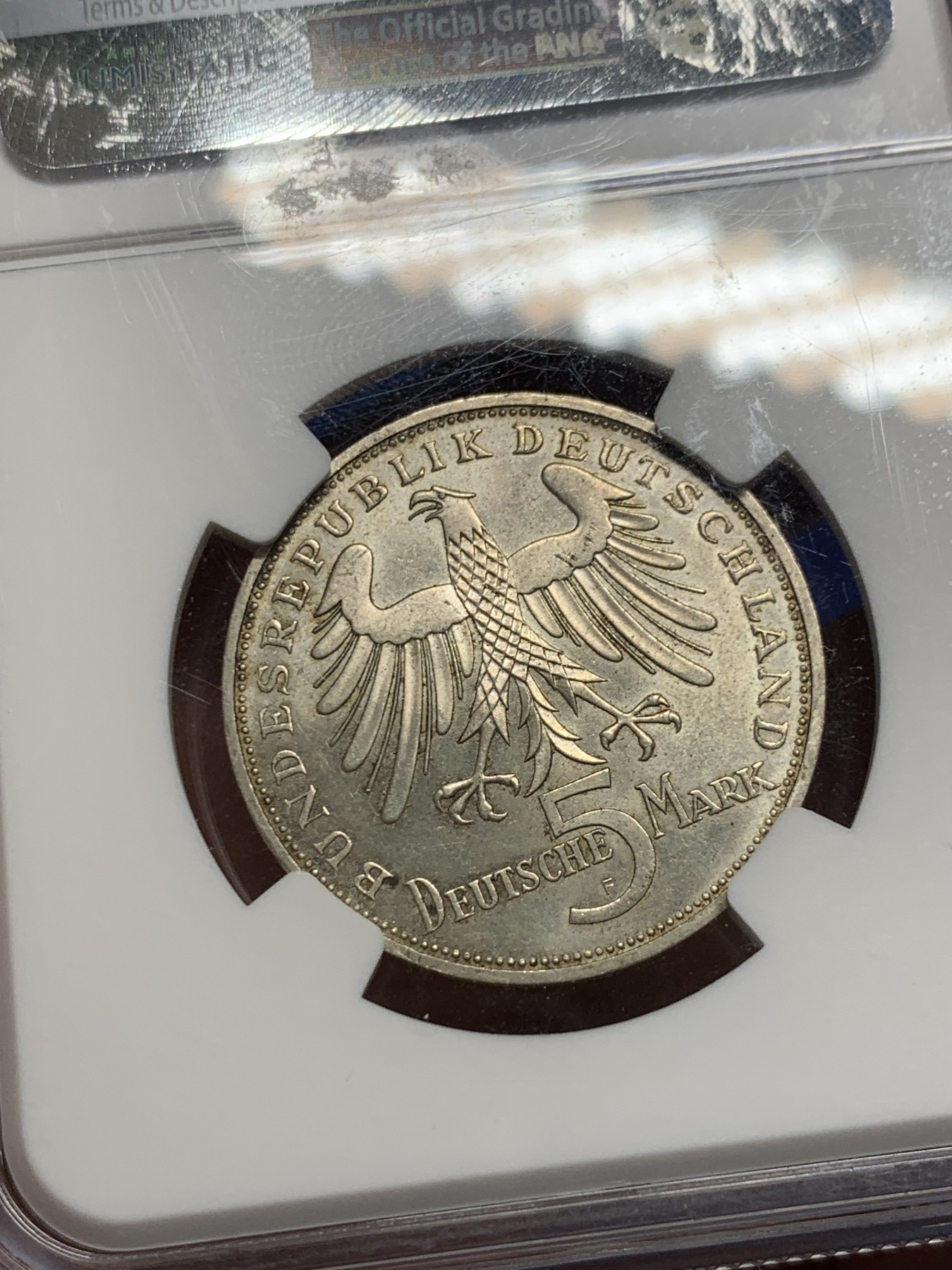 《竞宝斋》第240场-周日，周一 年终尾场 (全场包邮) NGC MS63 1955年联邦德国席勒纪念5马克银币，西德五大天王之一