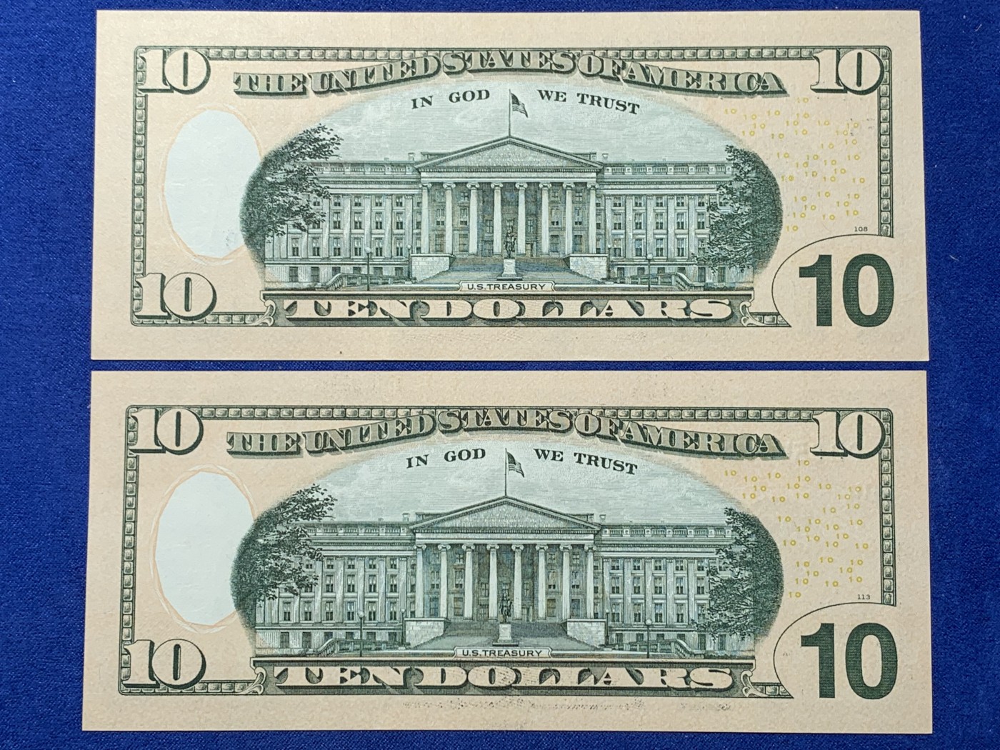 《竞宝斋》第240场-周日，周一 年终尾场 (全场包邮) UNC 美国 2017年 10美元纸币两张 全新EPQ品相 尾666豹子和999豹子 四角尖尖 细节见图