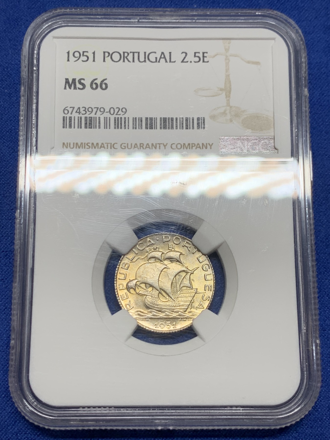 《竞宝斋》第240场-周日，周一 年终尾场 (全场包邮) NGC MS66 葡萄牙1951年帆船2.5埃斯库多银币