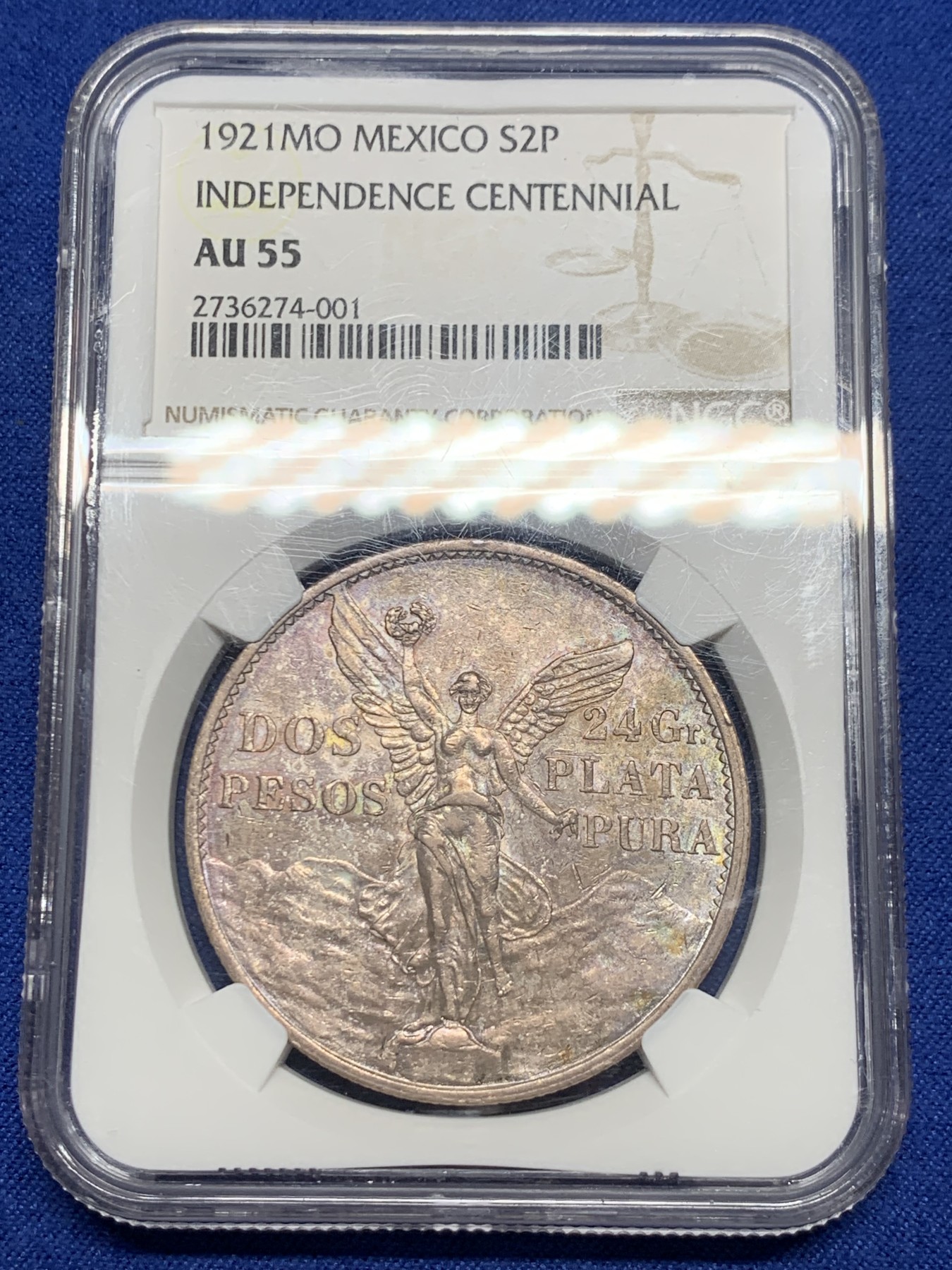 《竞宝斋》第240场-周日，周一 年终尾场 (全场包邮) NGC AU55 墨西哥1921年独立女神2比索银币 双面欧洲老五彩 早期品种 很少见的2P