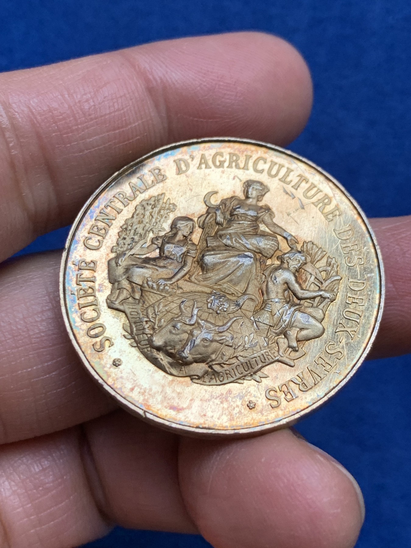 《竞宝斋》第240场-周日，周一 年终尾场 (全场包邮) F.VERNON作品 比例恰当的玛丽安娜头像 镀金银章 带银标 36.6mm 22.1克  打制立体精美 日常光线下金色蓝色绚丽耀眼 实物更加立体漂亮