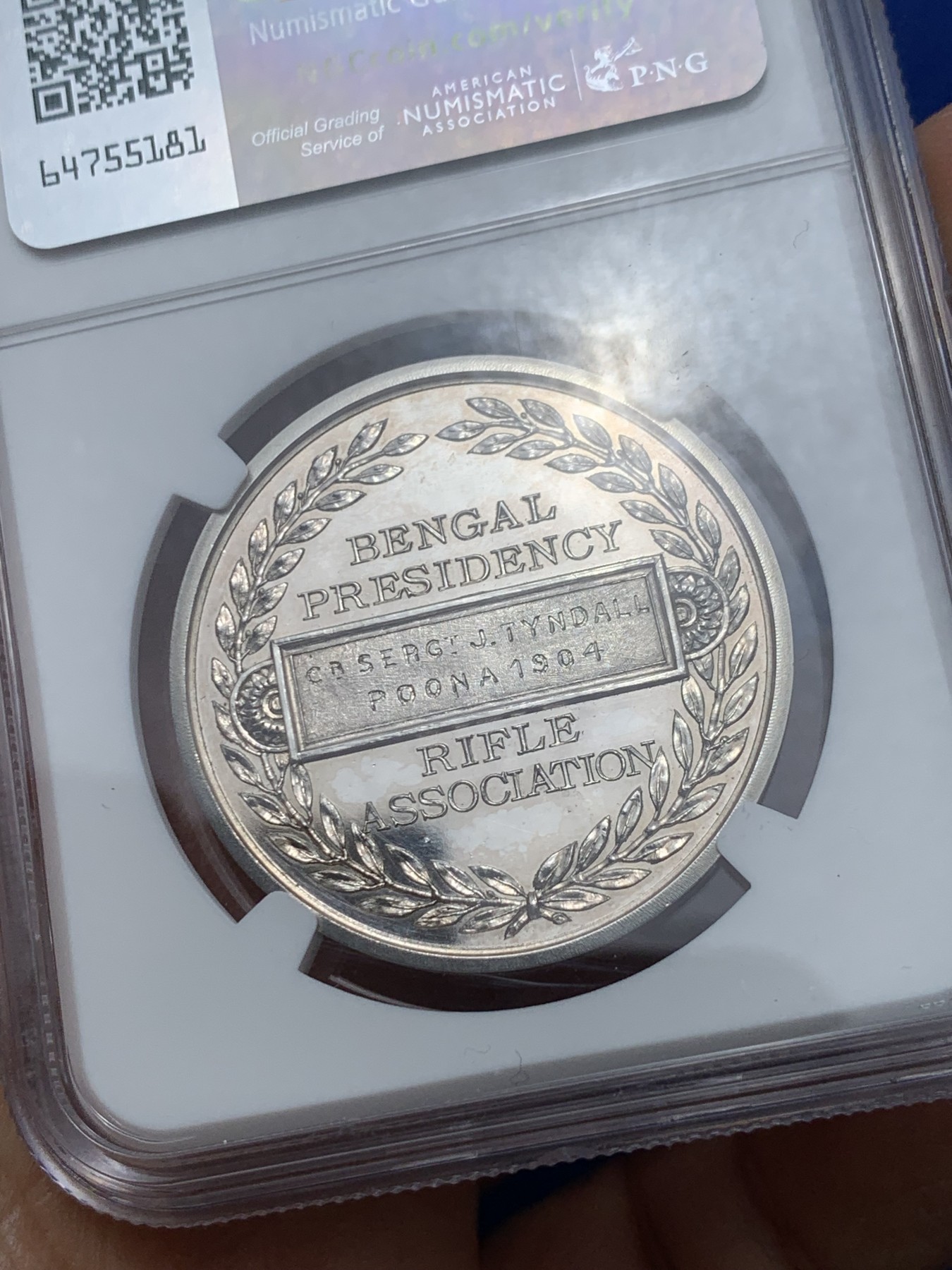 《竞宝斋》第240场-周日，周一 年终尾场 (全场包邮) NGC-UNC 印度1904银章 孟加拉总统步枪协会奖章 行走的老虎 栩栩如生 35mm 带原盒 麦稀奇首见品种