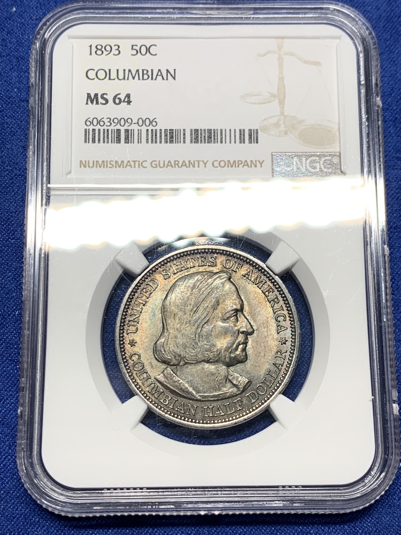 《竞宝斋》第240场-周日，周一 年终尾场 (全场包邮) NGC-MS64 美国 1893 哥伦布半美元银币 64高分 深彩包浆