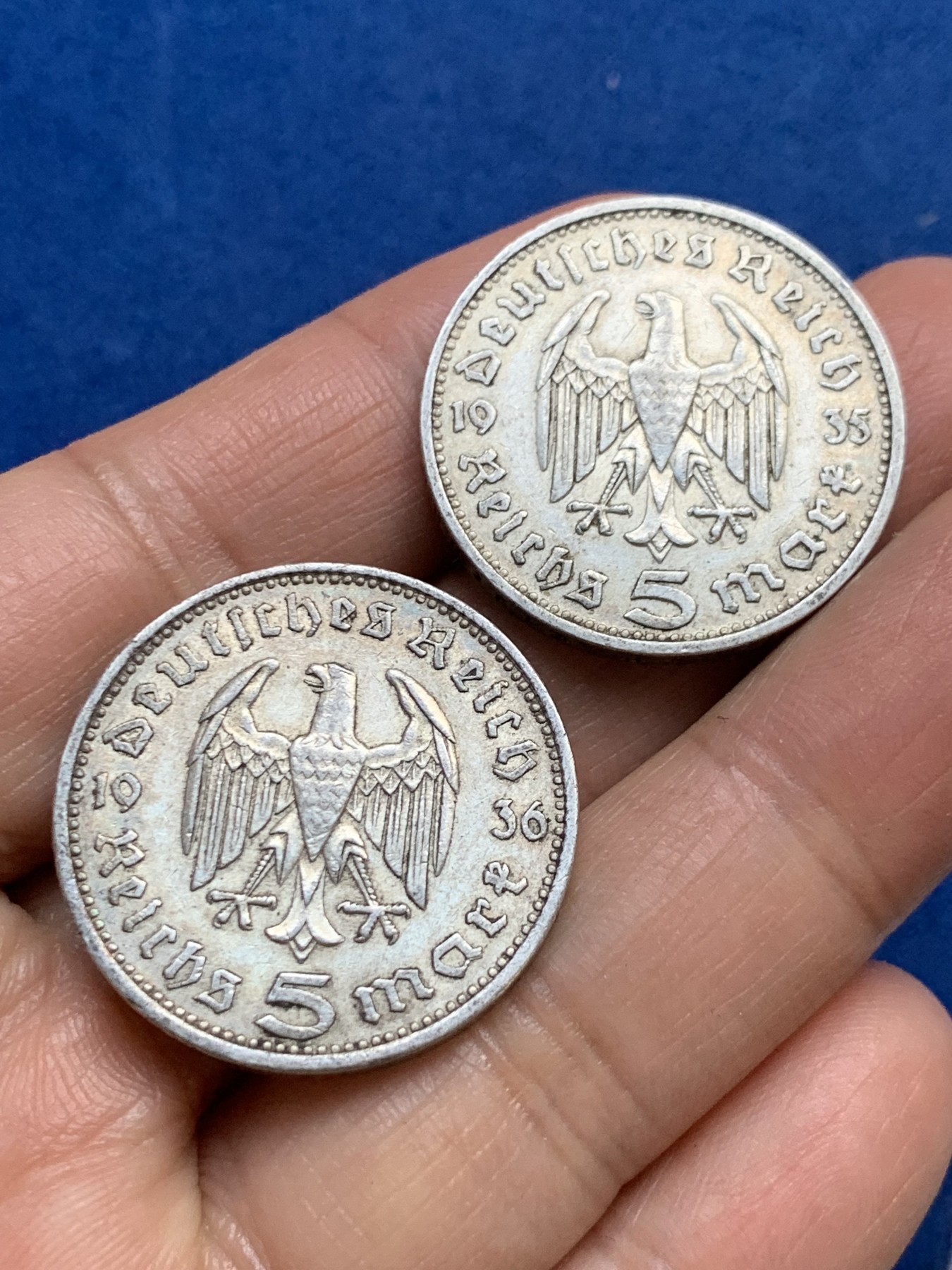 《竞宝斋》第240场-周日，周一 年终尾场 (全场包邮) 两枚一组 德国兴登堡鹰版5马克银币1935年+1936年一对
