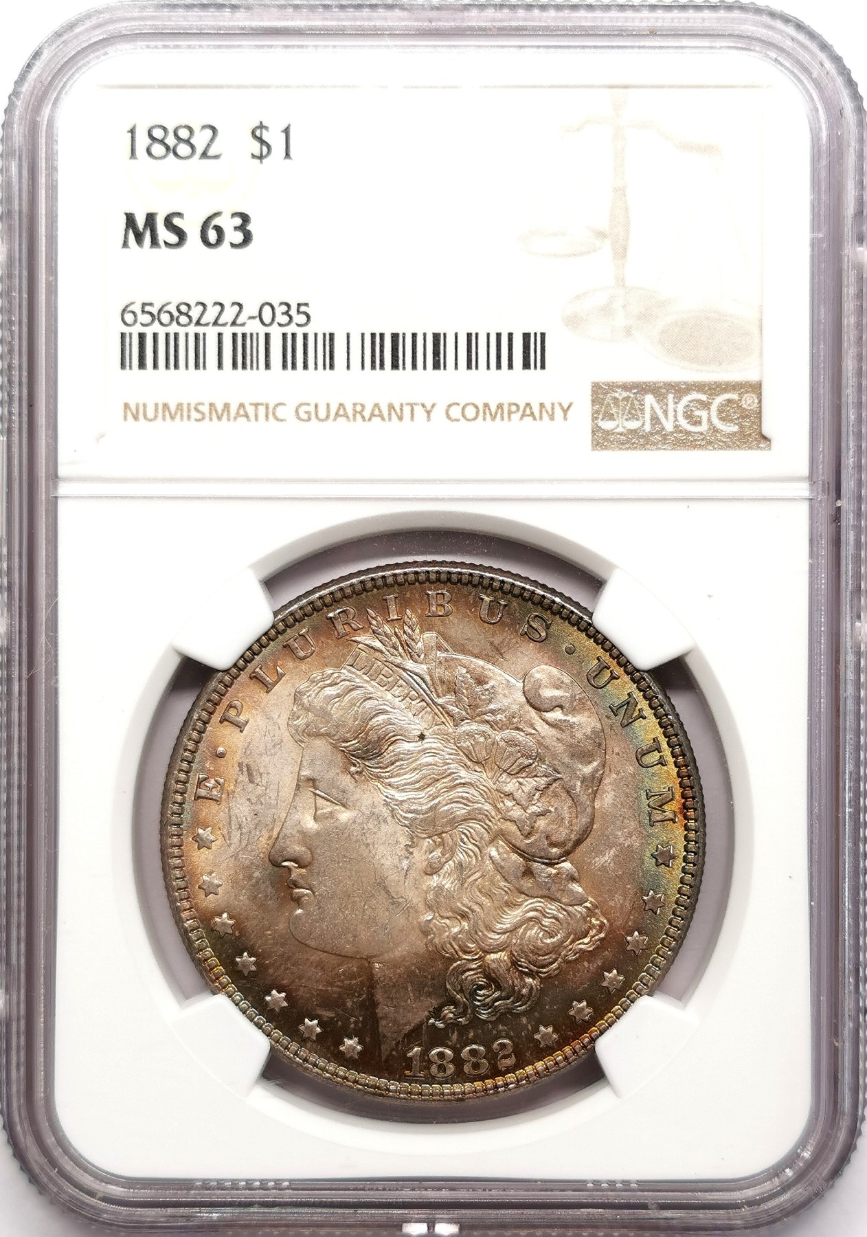 凡希社世界钱币微拍第二百六十期 1882美国摩根壹元大银NGC-MS63 边缘一抹青绿彩很吸睛