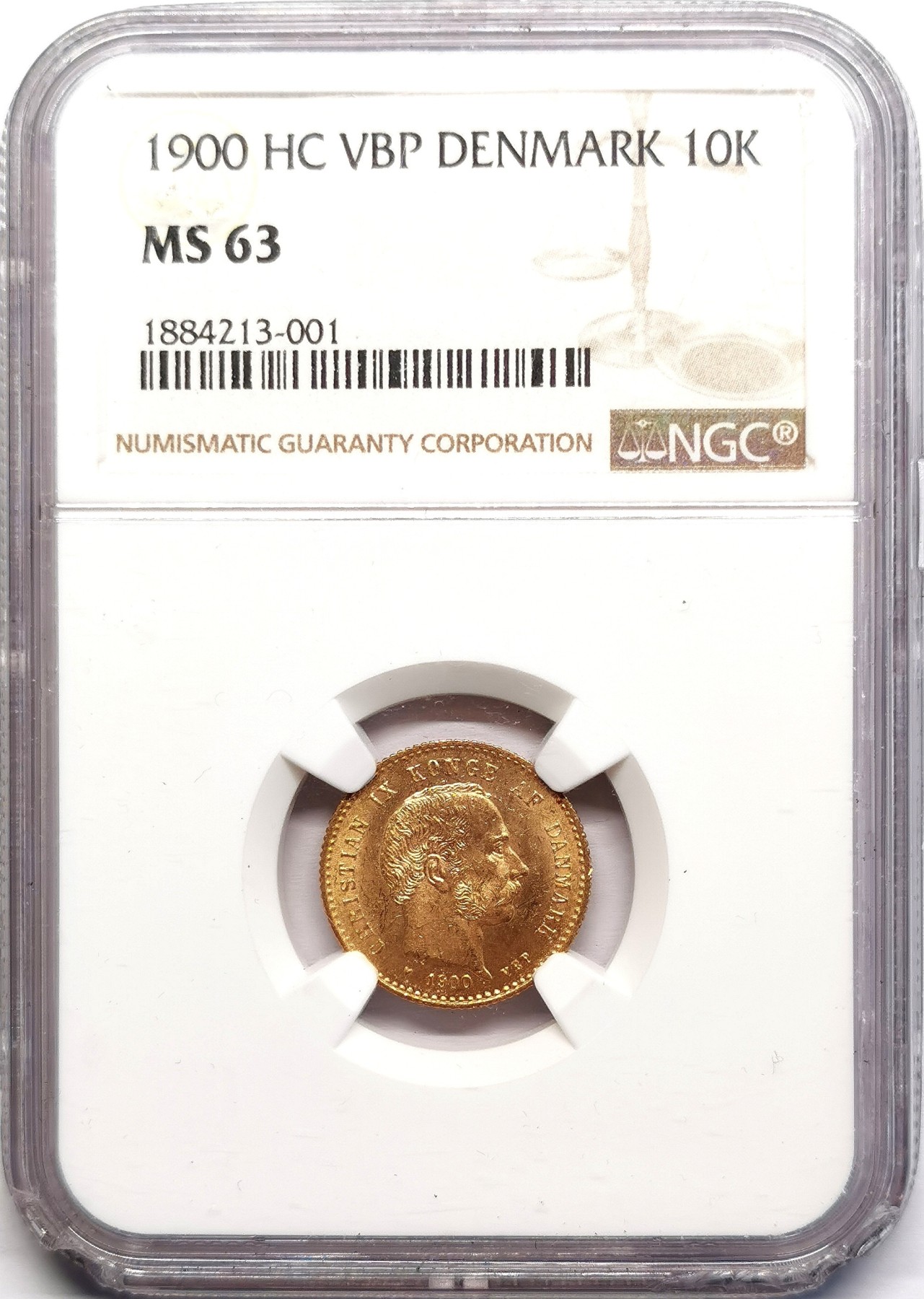 凡希社世界钱币微拍第二百六十期 1900HC丹麦克里斯蒂安九世10克朗金币背海豚女神NGC-MS63 4.48g,900金