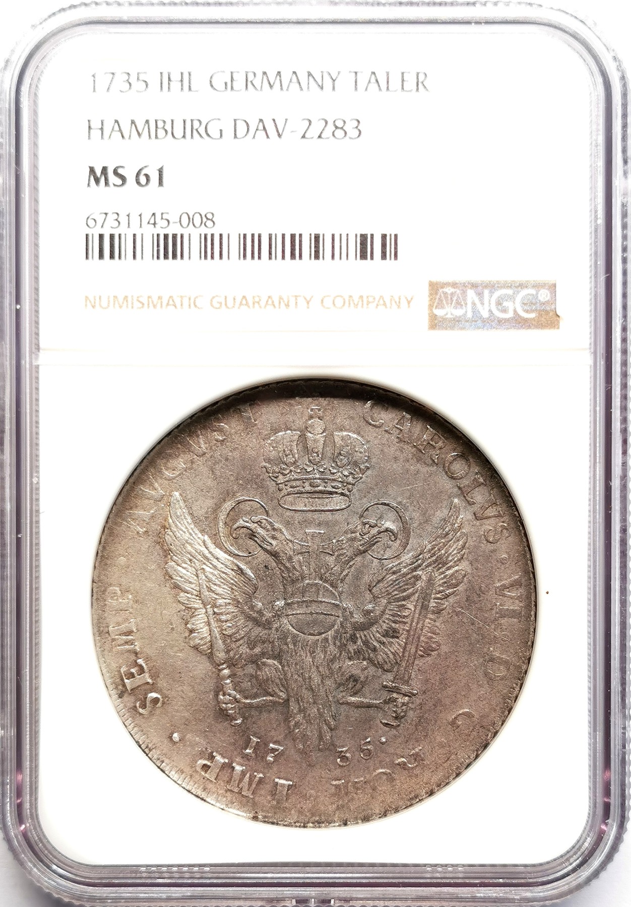 凡希社世界钱币微拍第二百六十期 荐！1735IHL汉萨同盟汉堡自由市盾徽双头鹰大型泰勒NGC-MS61 亚光灰彩，收藏级品相！