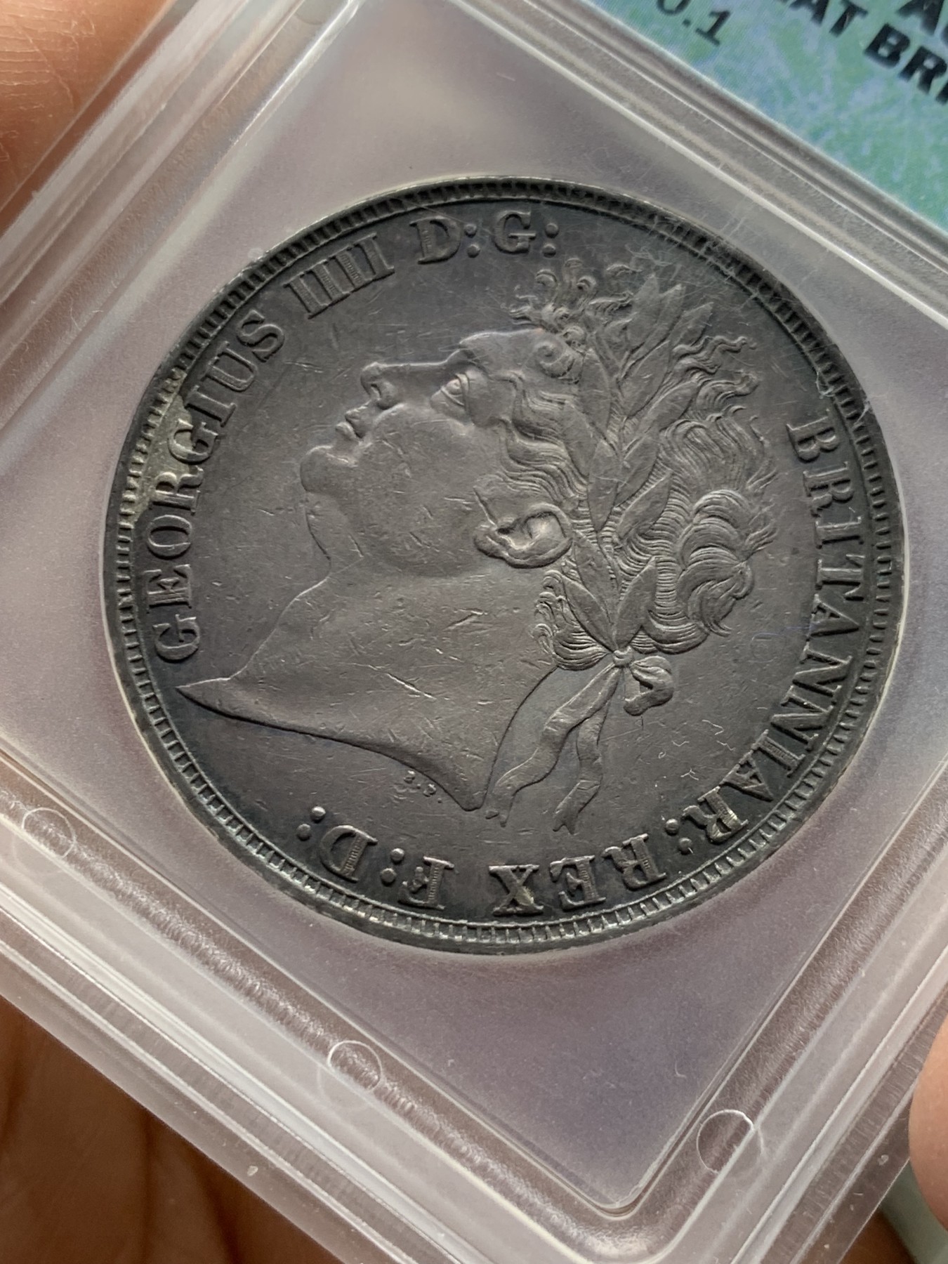 《竞宝斋》第240场-周日，周一 年终尾场 (全场包邮) ICG AU55 英国1821年马剑银币，淡蓝包浆超级状态