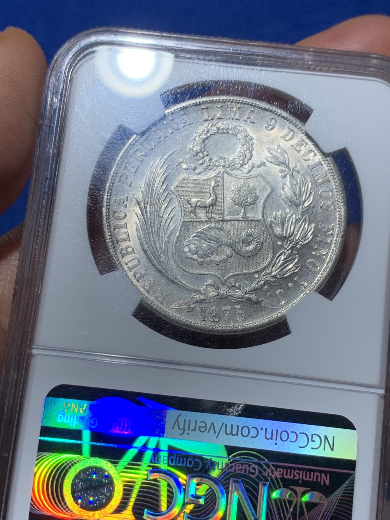 《竞宝斋》第240场-周日，周一 年终尾场 (全场包邮) NGC MS64 秘鲁1875年1索尔 早期高银版 高分