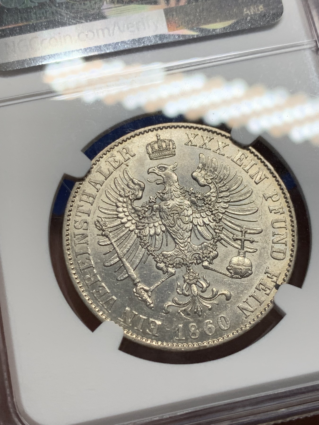 《竞宝斋》第240场-周日，周一 年终尾场 (全场包邮) NGC AUD 1860年德国普鲁士威廉四世洋葱头1泰勒银币，品相很好，细节见图