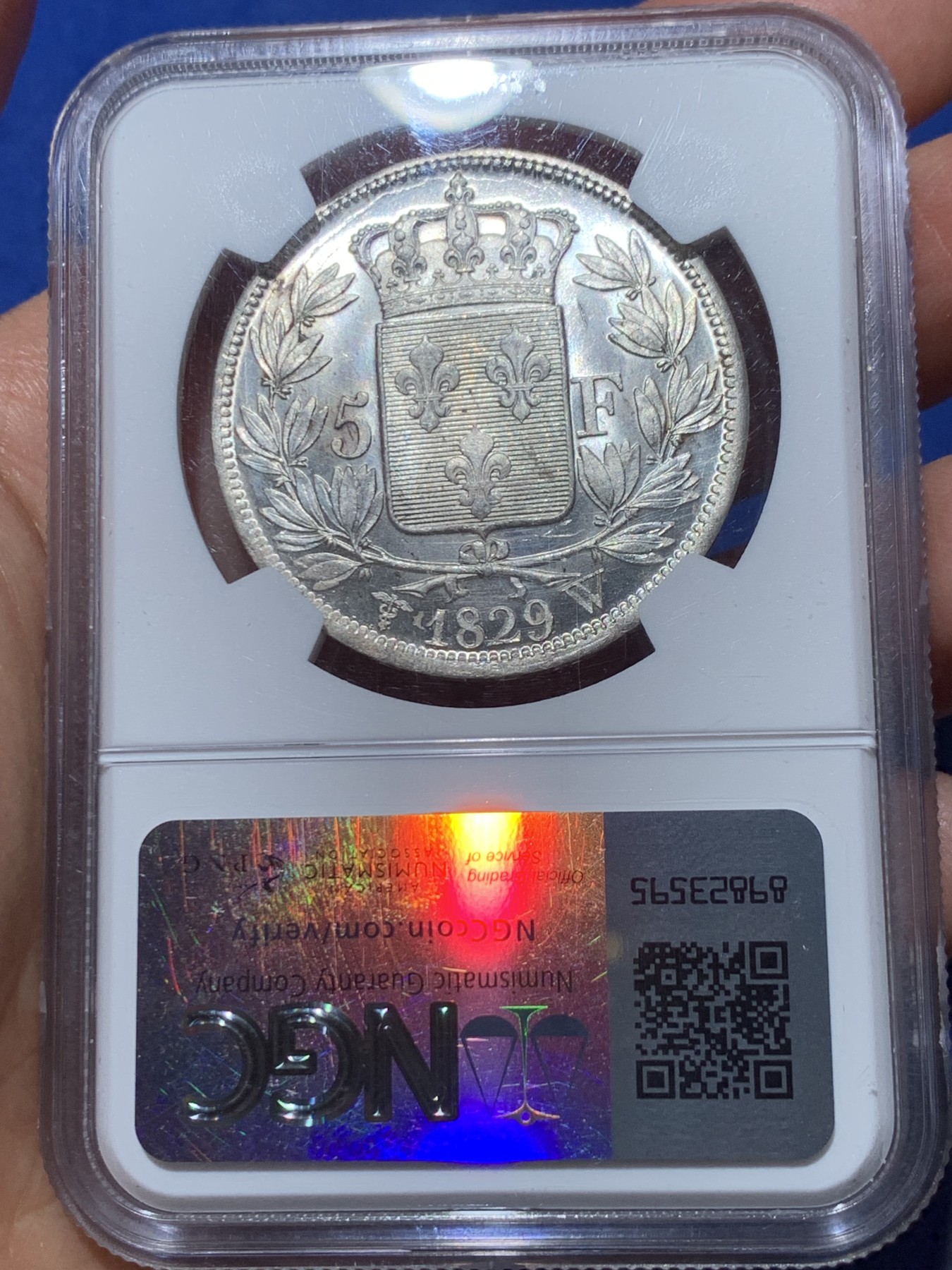 《竞宝斋》第240场-周日，周一 年终尾场 (全场包邮) NGC MS63 唯一亚军分 法国1829查理十世5法郎银币 W厂里尔铸造 原光好品未流通 十字转光凝霜感，深打制状态无敌，字口锋利