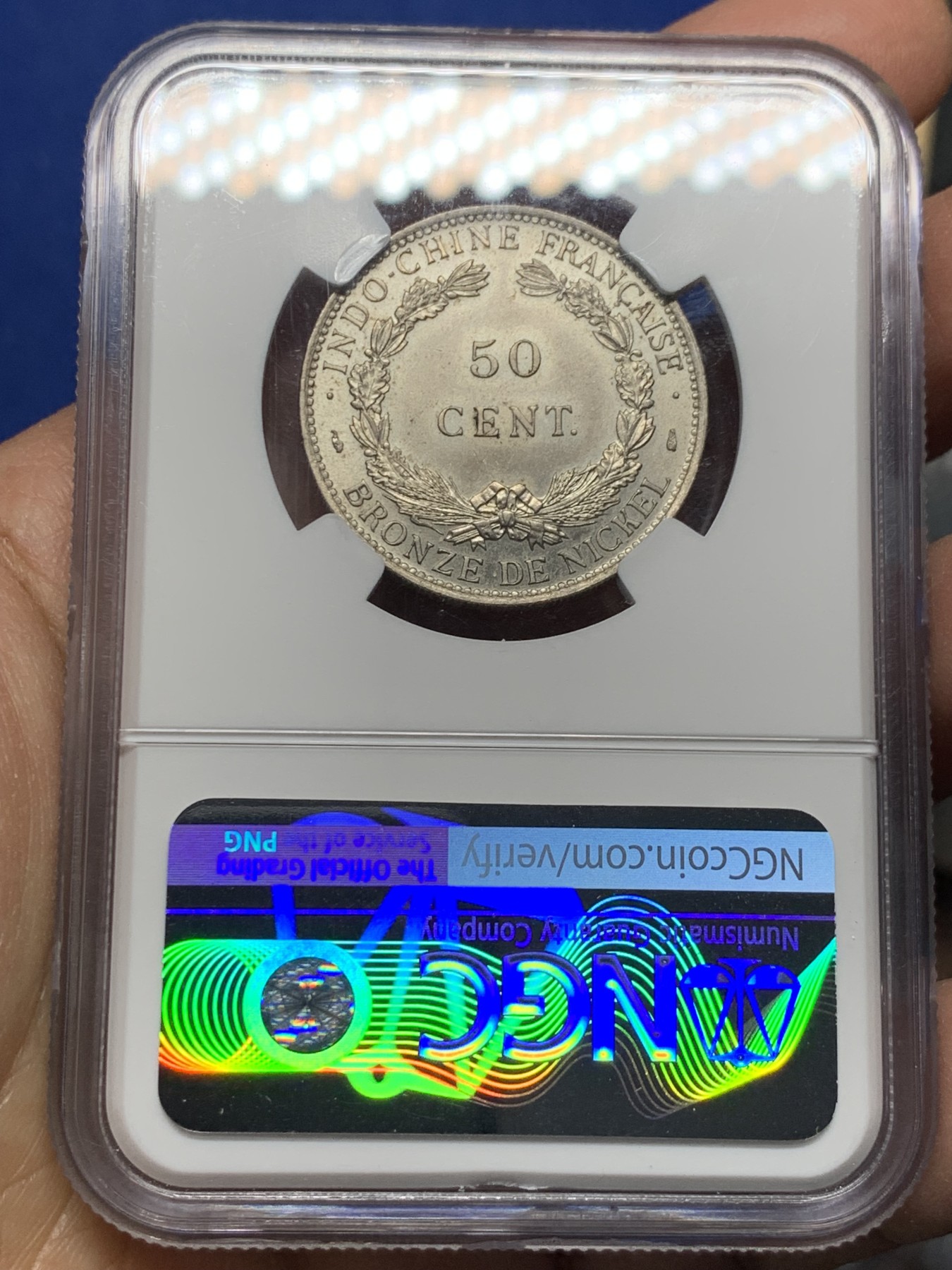 《竞宝斋》第240场-周日，周一 年终尾场 (全场包邮) NGC SP65 收藏级高分季军分 1946年法属印支坐洋50分镍质样币ESSAI签字版胜利女神，顶级品相，总发行量1100枚，属于座洋大珍名誉品。