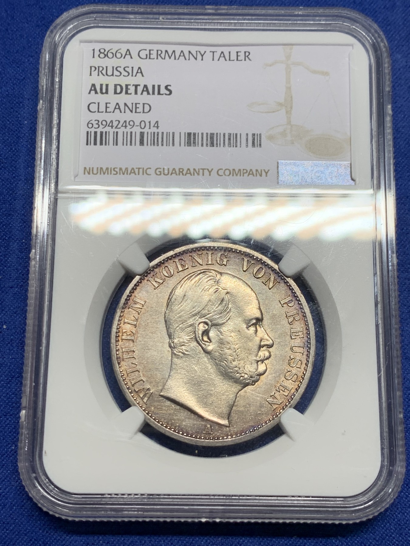 《竞宝斋》第240场-周日，周一 年终尾场 (全场包邮) NGC AUD 1866年德国普鲁士威廉一世1泰勒银币，包浆漂亮，品相很好