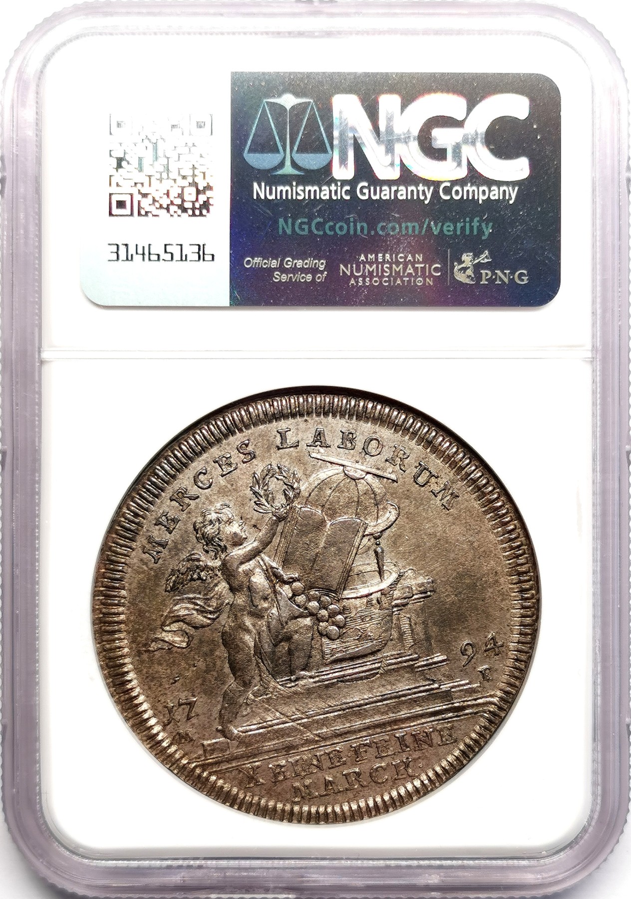 凡希社世界钱币微拍第二百六十期 荐！1794维尔茨堡采邑主教泰勒大银NGC-AU55，稀有品种，正面主教像刻画传神，背图小天使正向代表着知识的地球仪与书籍敬献花环，包浆淳熟味道极赞的一枚！