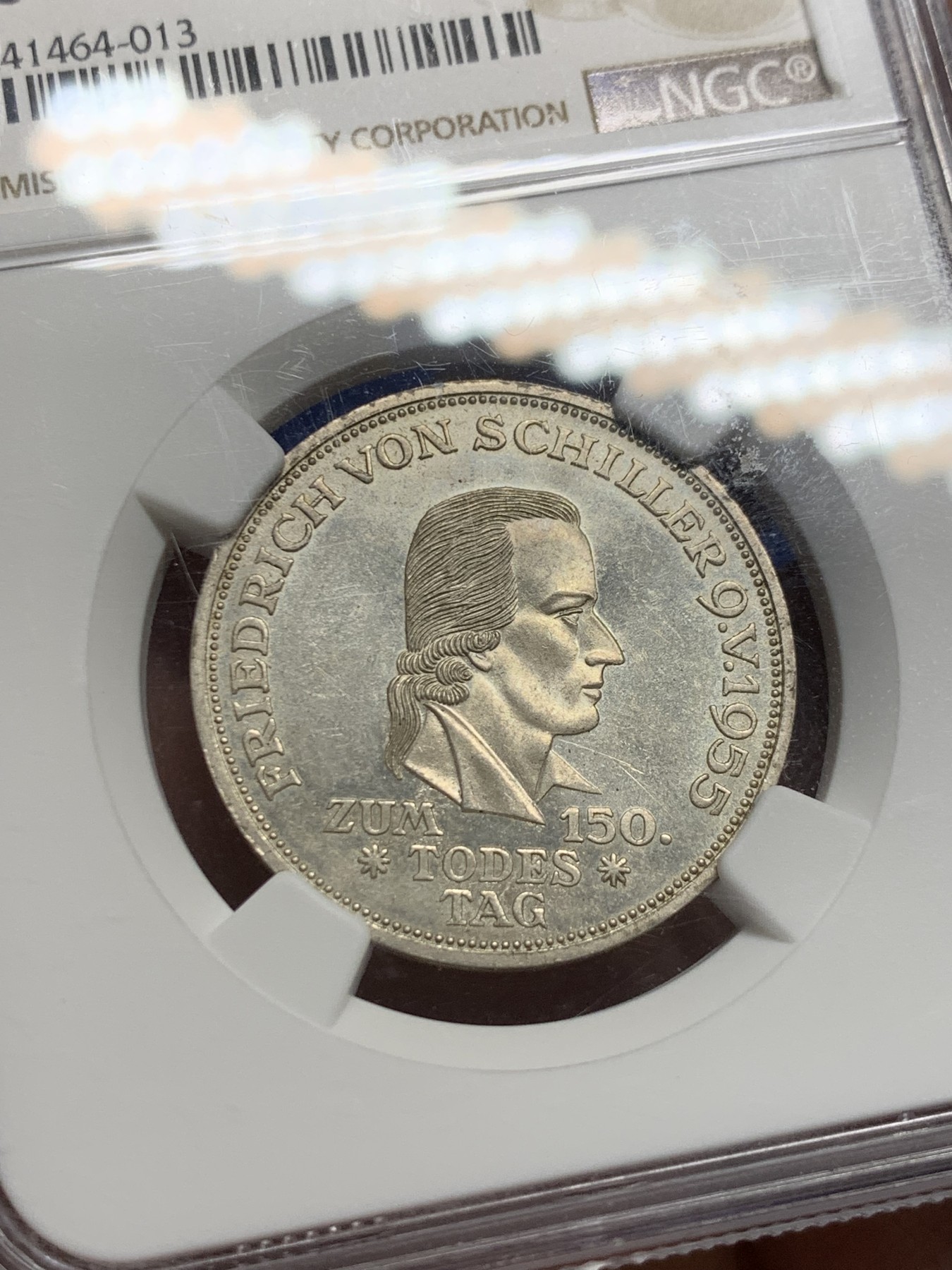 《竞宝斋》第240场-周日，周一 年终尾场 (全场包邮) NGC MS63 1955年联邦德国席勒纪念5马克银币，西德五大天王之一