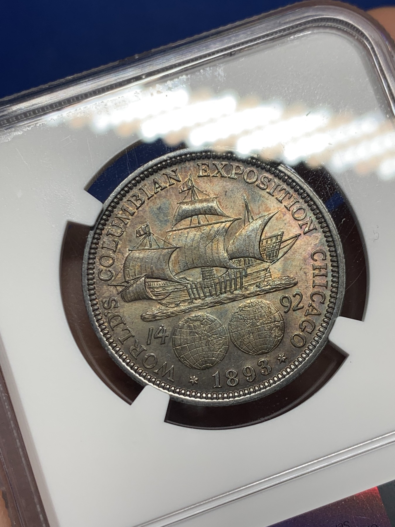 《竞宝斋》第240场-周日，周一 年终尾场 (全场包邮) NGC-MS64 美国 1893 哥伦布半美元银币 64高分 深彩包浆