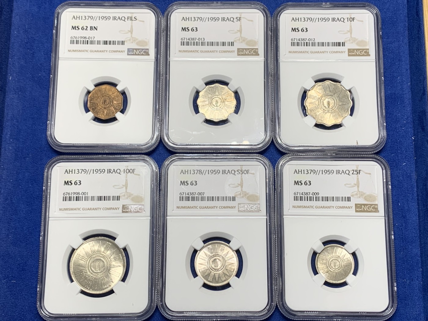 《竞宝斋》第240场-周日，周一 年终尾场 (全场包邮) 6枚一组 NGC MS62-63 伊拉克 1959 流通币集合 1-100费尔 其中含3枚银币 一次配齐比较难得