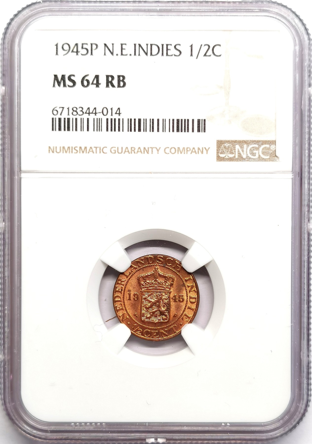 凡希社世界钱币微拍第二百六十期 1945P荷属东印度1/2分铜币NGC-MS64