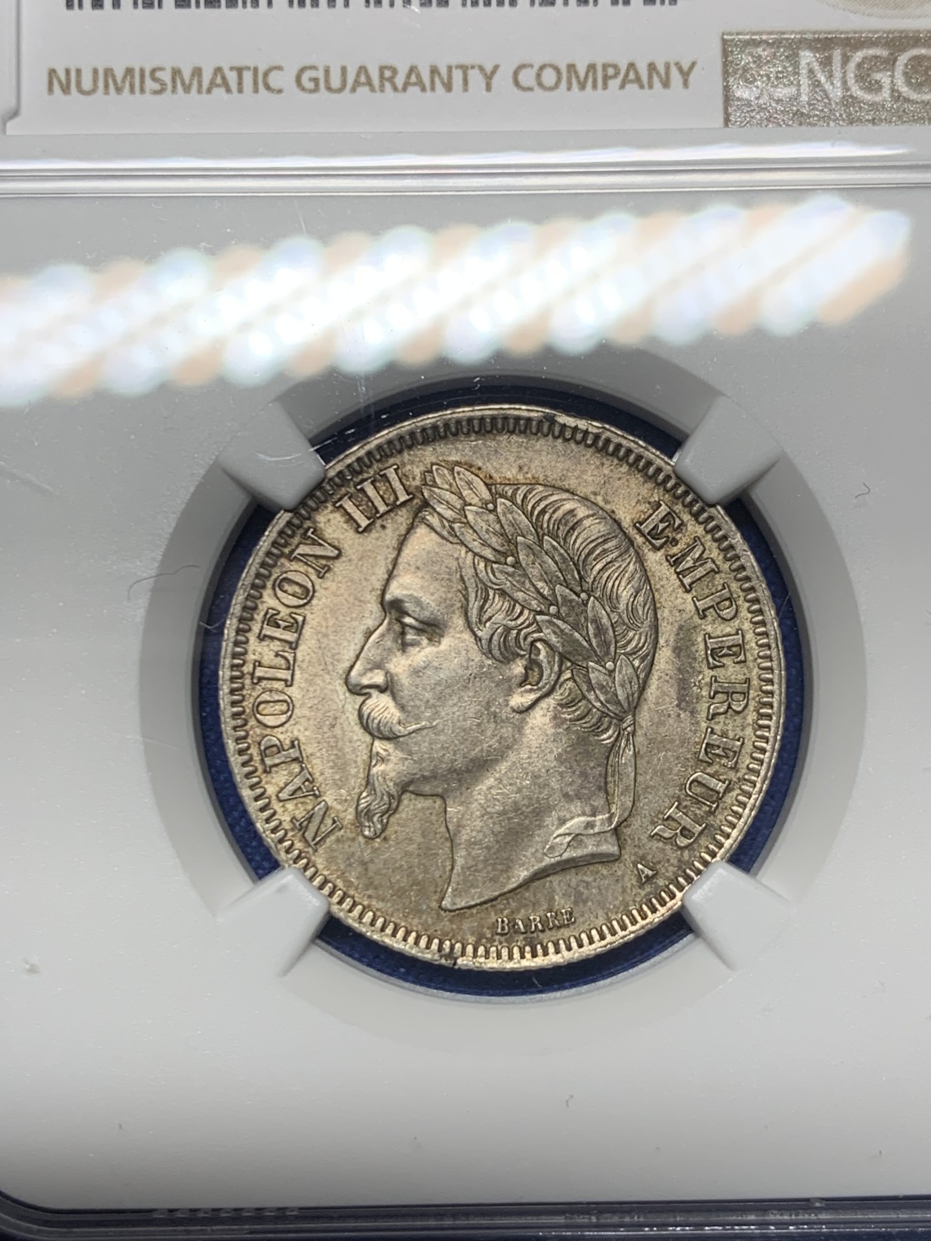 《竞宝斋》第240场-周日，周一 年终尾场 (全场包邮) NGC MS61 1866年A版法国拿破仑三世2法郎银币 少见面值 很难有ms品 比5法郎少很多