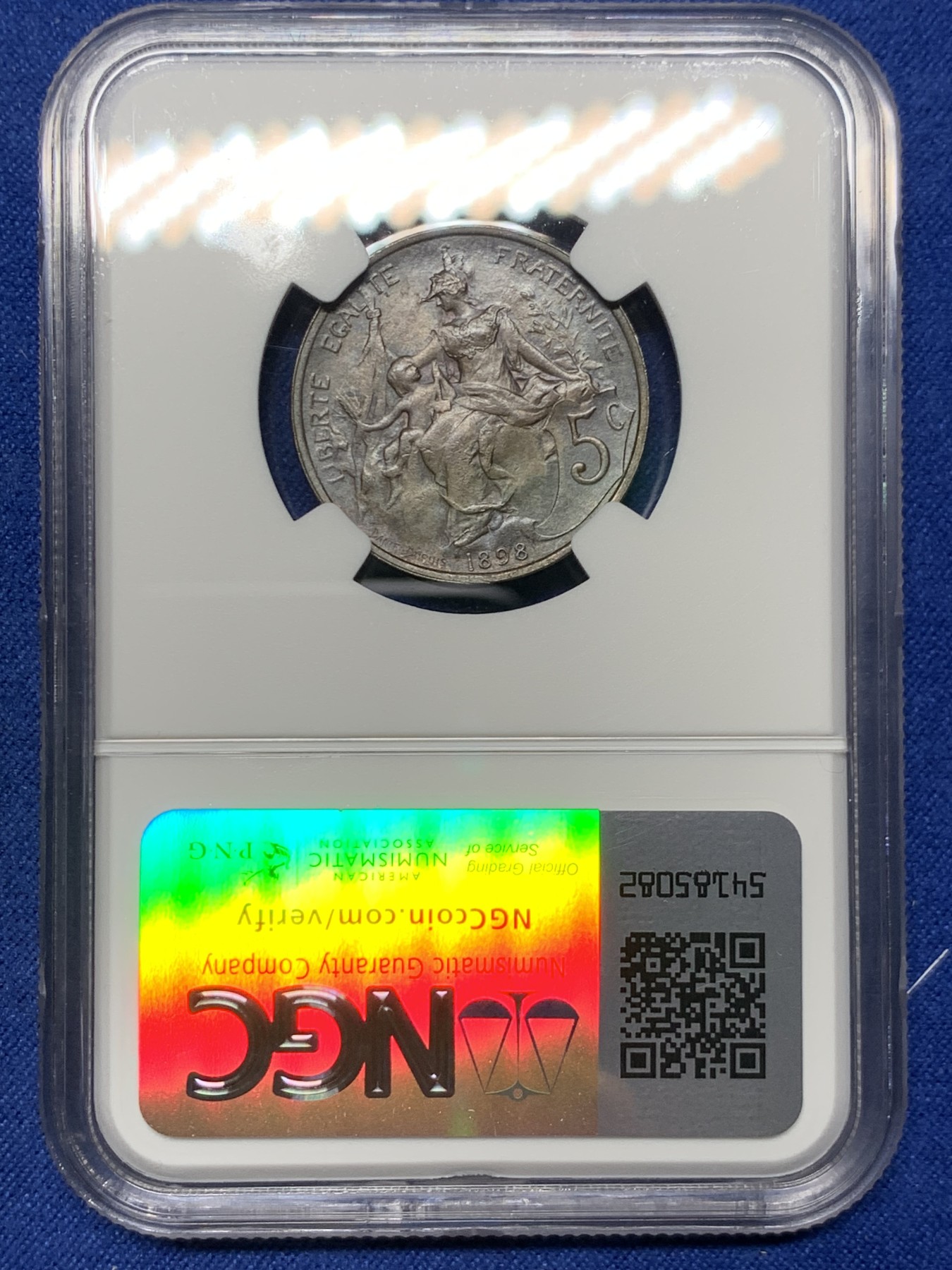 《竞宝斋》第240场-周日，周一 年终尾场 (全场包邮) NGC MS62BN 1898年法国玛丽安娜5分铜币 巧克力状态 玛丽安娜设计首年 好品不多