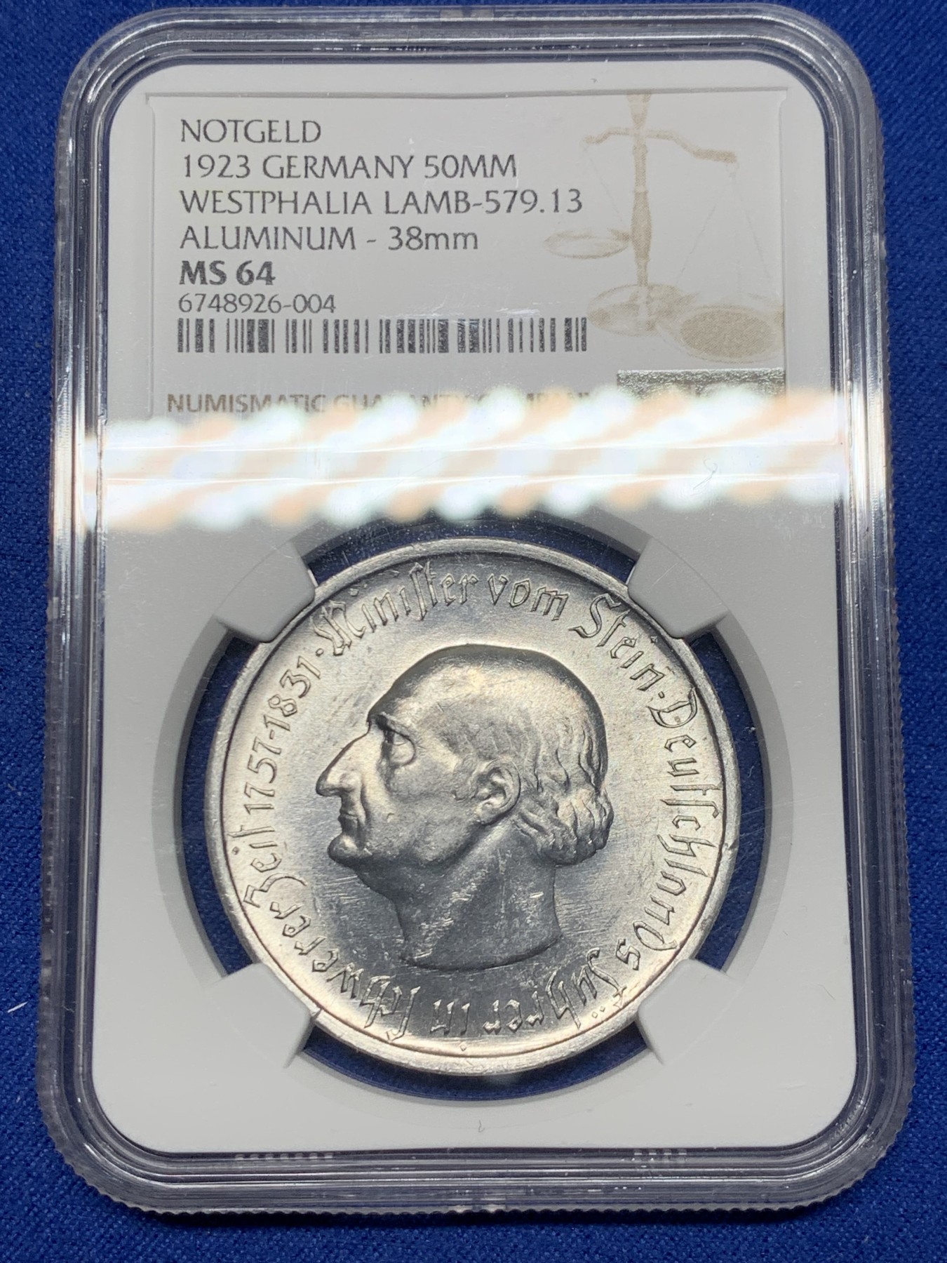 《竞宝斋》第240场-周日，周一 年终尾场 (全场包邮) NGC MS64 德国紧急状态硬币威斯特法伦1923年五千万马克马币，德紧少见品种，超强转光，铸纹清晰，足够自藏