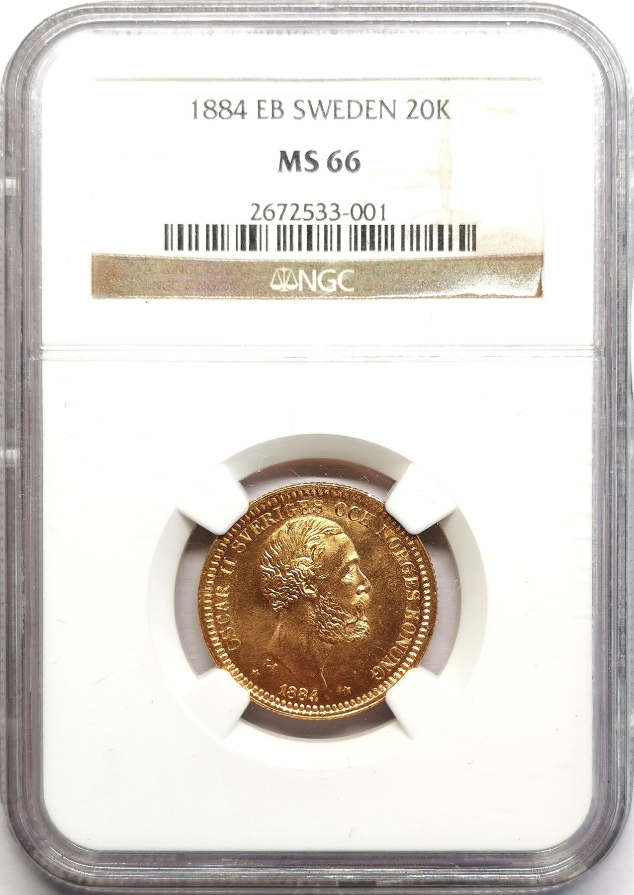 凡希社世界钱币微拍第二百六十期 1884EB瑞典奥斯卡二世20克朗金币NGC-MS66 8.96g,900金，高分顶级品相！