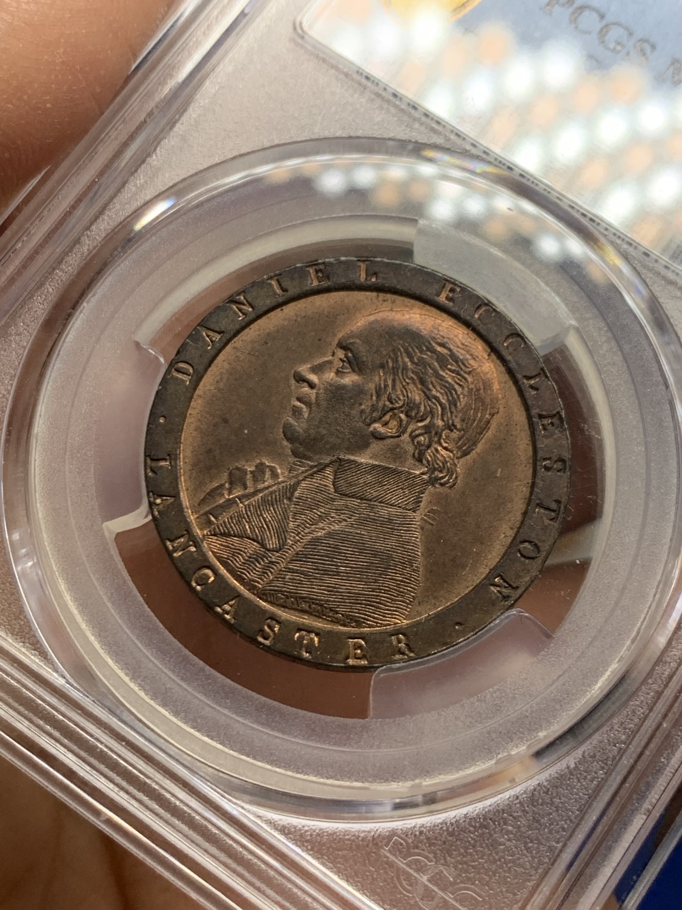 《竞宝斋》第240场-周日，周一 年终尾场 (全场包邮) PCGS MS63RB 英国1794年兰开斯特半便士铜代币 Conder Token，底板镜面效果明显，RB状态原铜光，少见状态。SOHO厂制作，大车轮便士技术鼻祖，最早采用宽边铭技术的钱币，麦稀奇63分成交含佣￥1981