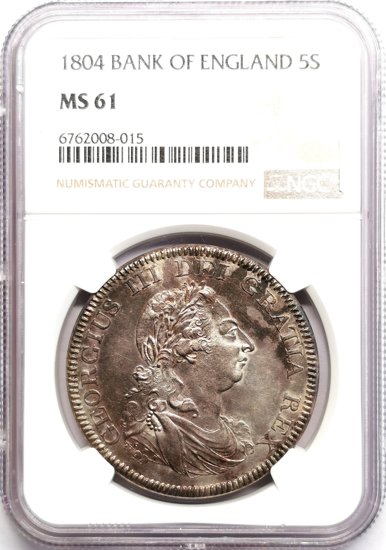 凡希社世界钱币微拍第二百六十期 荐！1804英格兰银行乔三dollars(5先令)大银NGC-MS61 复压在墨西哥双柱上，细节可说完美，双面洋红包浆更添迷人魅力，SOHO出品的具有重要铸造史和货币史价值的样本！ 