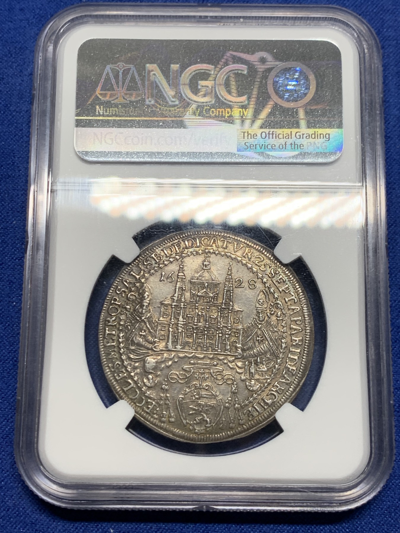 《竞宝斋》第240场-周日，周一 年终尾场 (全场包邮) NGC MS61 奥地利萨尔茨堡1628年萨尔茨堡大教堂落成纪念半泰勒银币 一年版