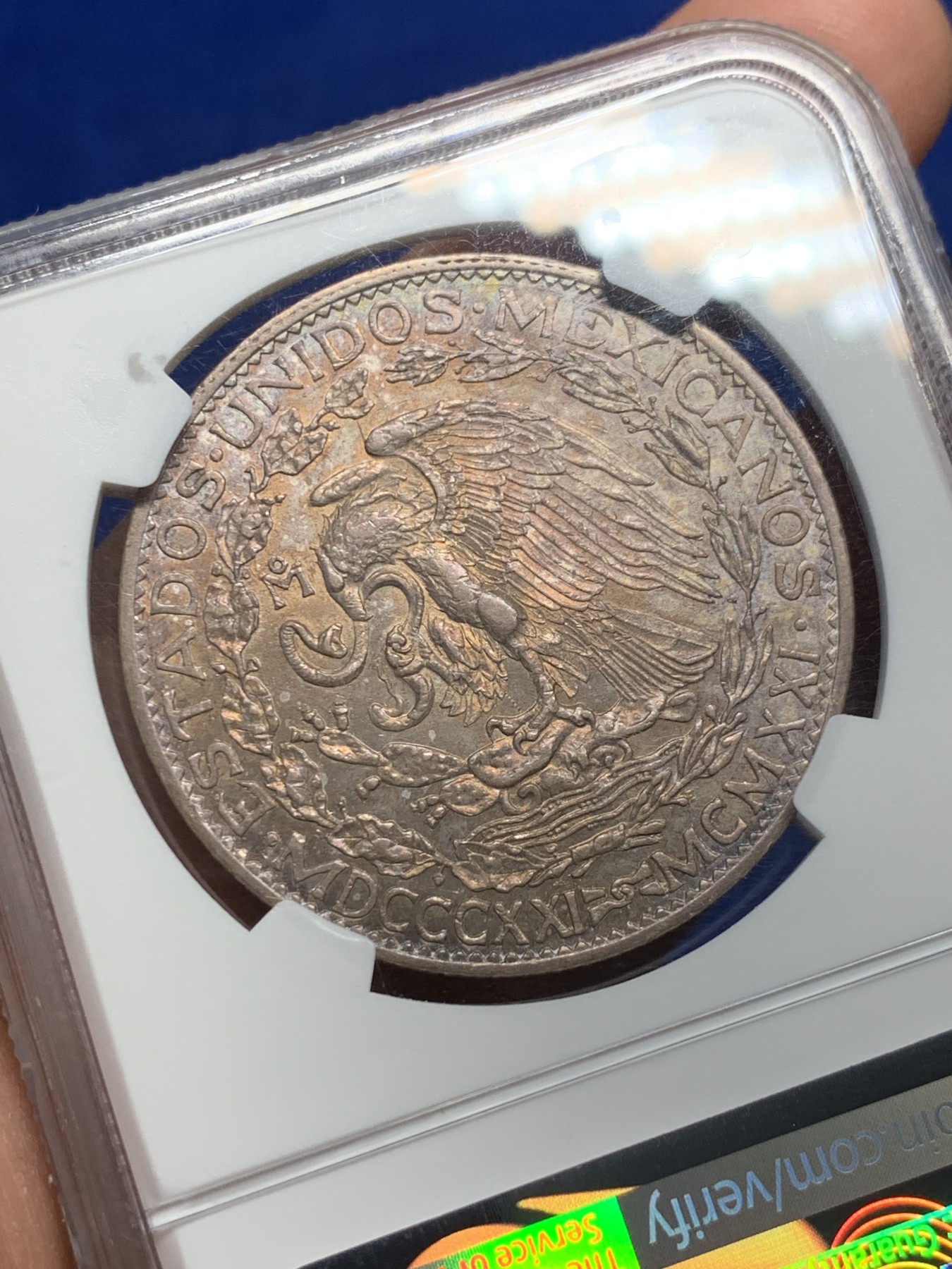 《竞宝斋》第240场-周日，周一 年终尾场 (全场包邮) NGC AU55 墨西哥1921年独立女神2比索银币 双面欧洲老五彩 早期品种 很少见的2P