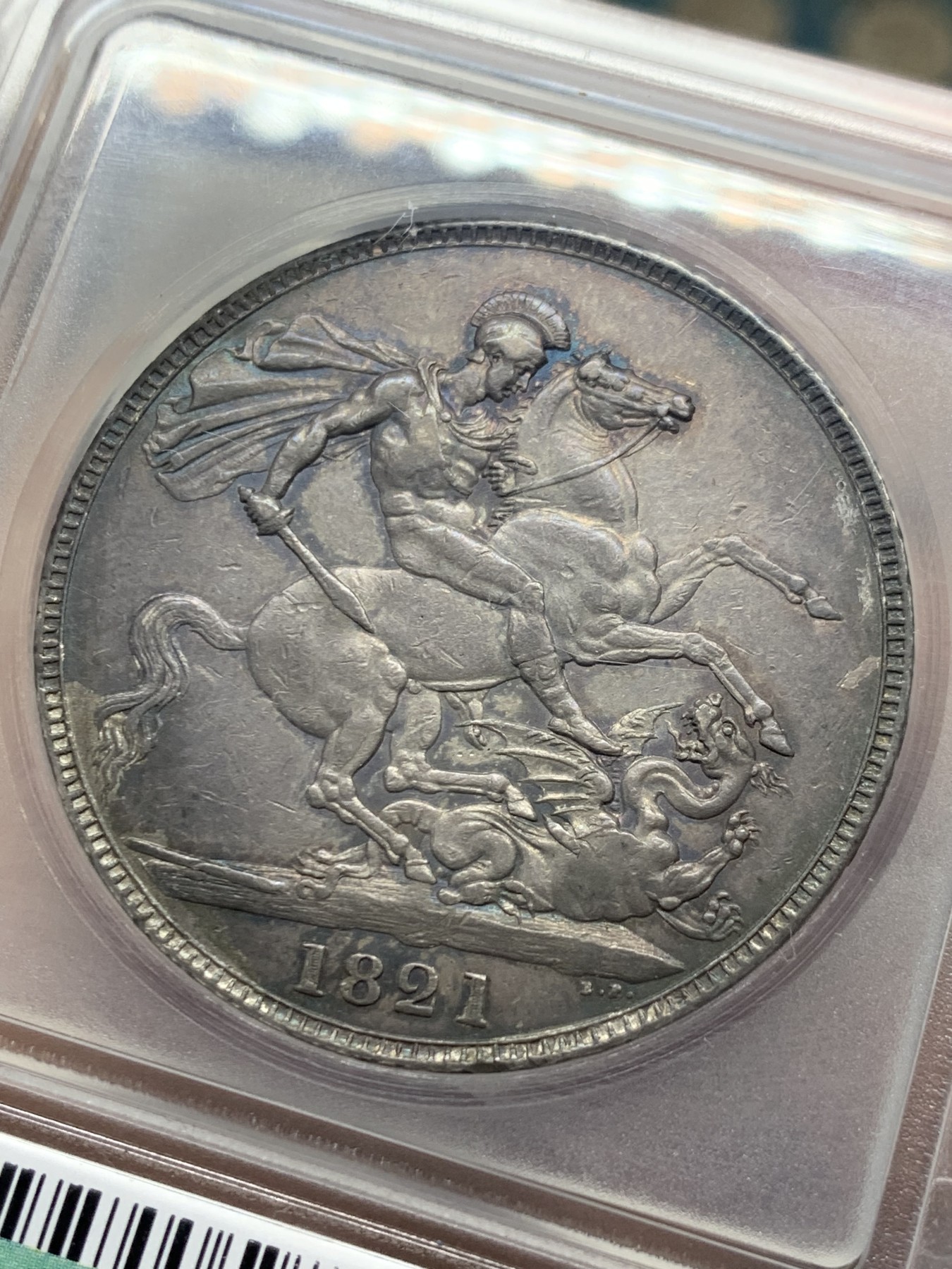 《竞宝斋》第240场-周日，周一 年终尾场 (全场包邮) ICG AU55 英国1821年马剑银币，淡蓝包浆超级状态