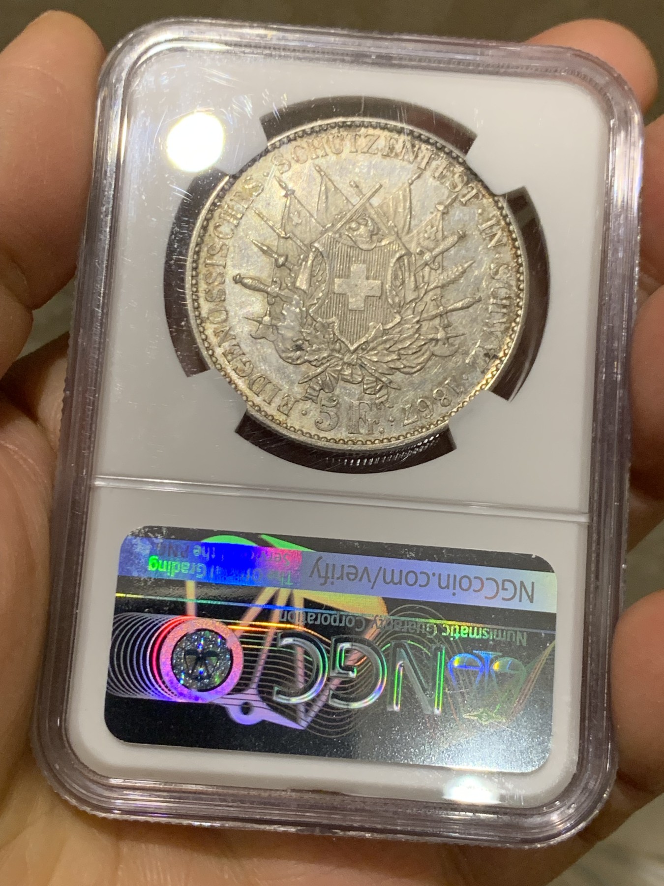 《竞宝斋》第240场-周日，周一 年终尾场 (全场包邮) NGC MS62 瑞士 1867 施维茨射击节 5法郎 银币 8000枚的发行量